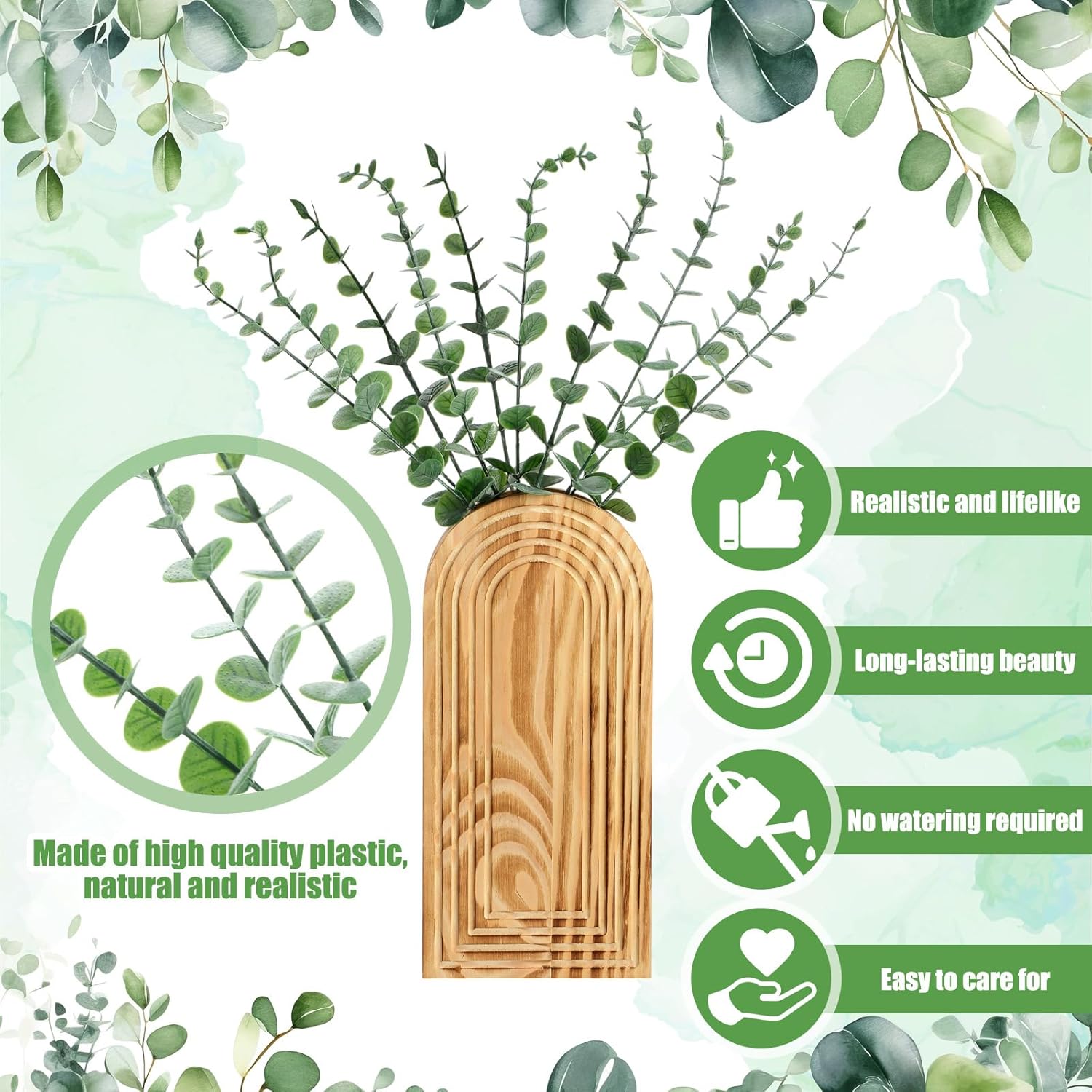 2 Pack 15" Wooden Wall Vase with 20 Pcs Artificial Eucalyptus Leaves Stems Planter, Boho Modern Farmhouse Bathroom Hanging Planter for Wedding, Hallway, Bedroom, Living Room