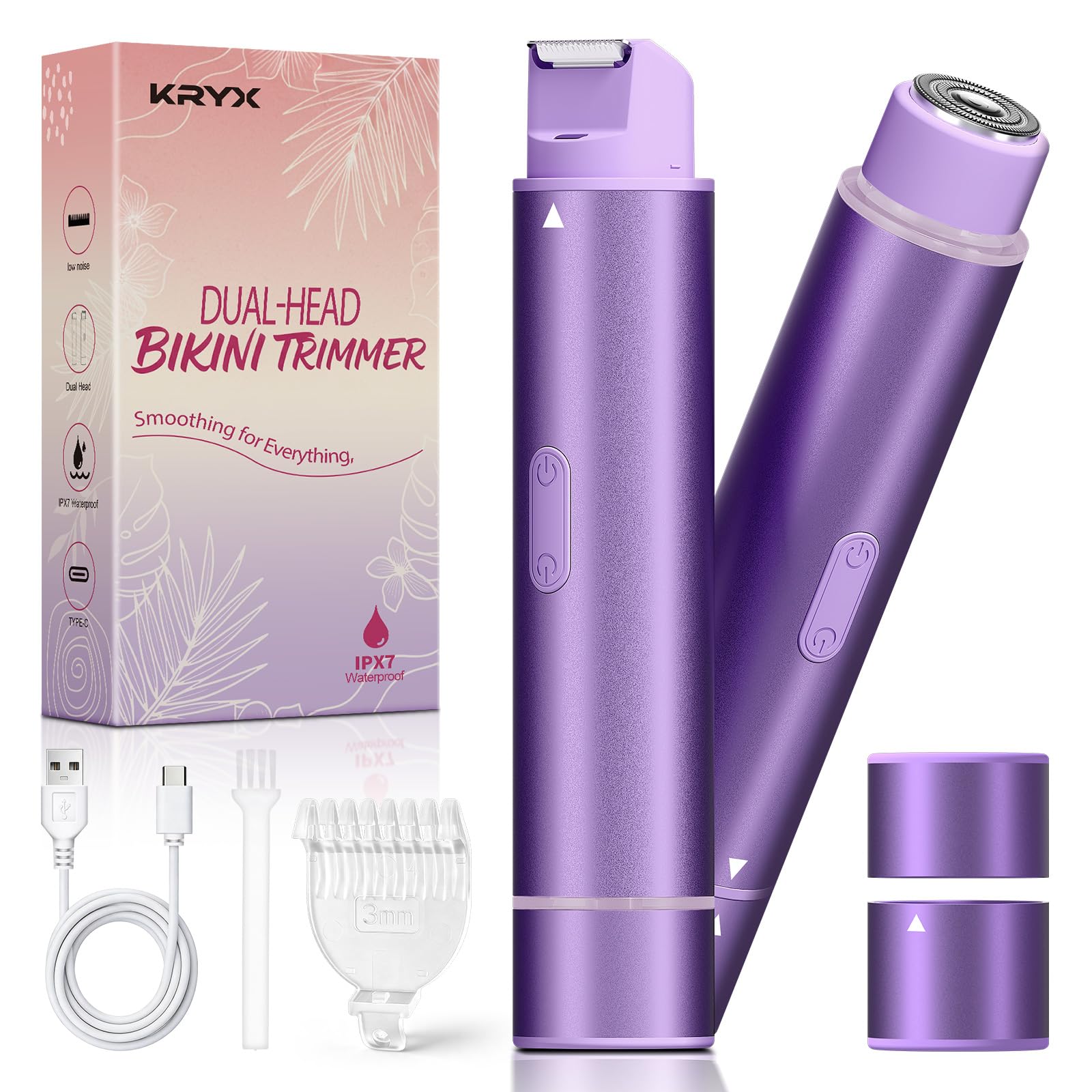 Bikini Trimmer for Women - Dual Head Electric Razors for Women - Painless Bikini Shaver for Private Area, Face, Legs, Underarms - IPX7 Waterproof Lady Facial Razor,Full Metal Shell, Ceramic Blade