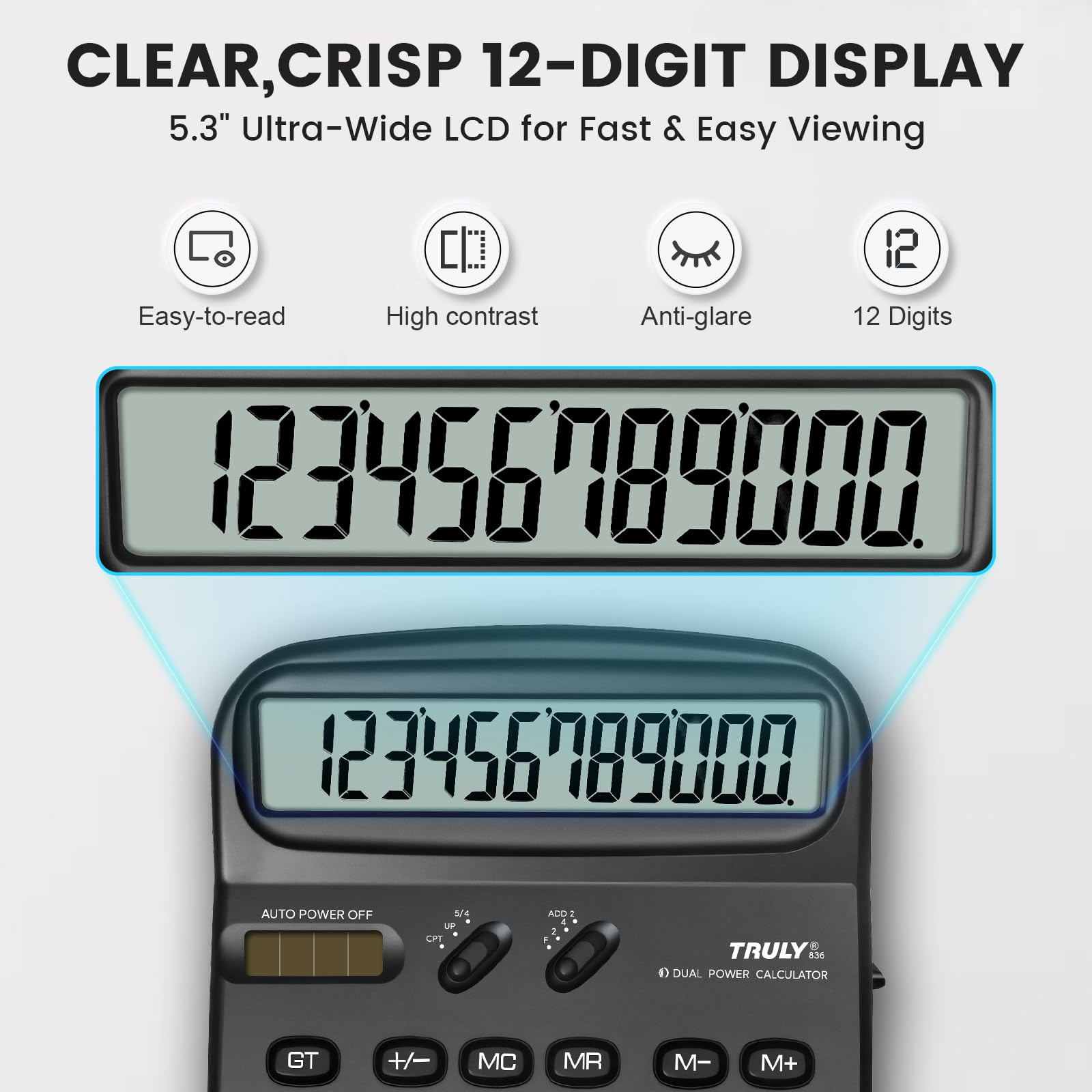 TRULY Calculadora de escritorio de 12 dígitos con pantalla extragrande de 5.3 pulgadas, interruptor de alimentación lateral, teclas GT y MU, alimentación dual, pantalla en ángulo de 30° para oficina y