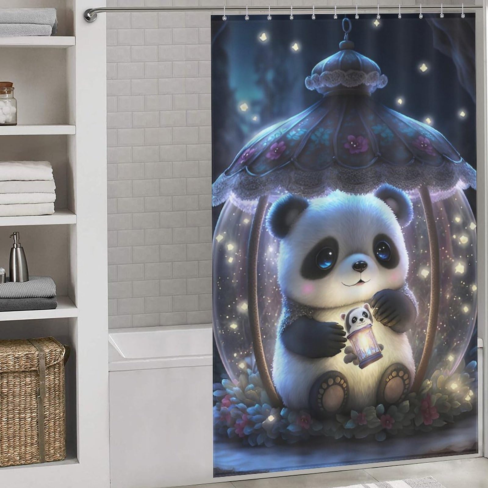 Rideau de douche panda imperméable en tissu polyester pour salle de bains 140x183cm