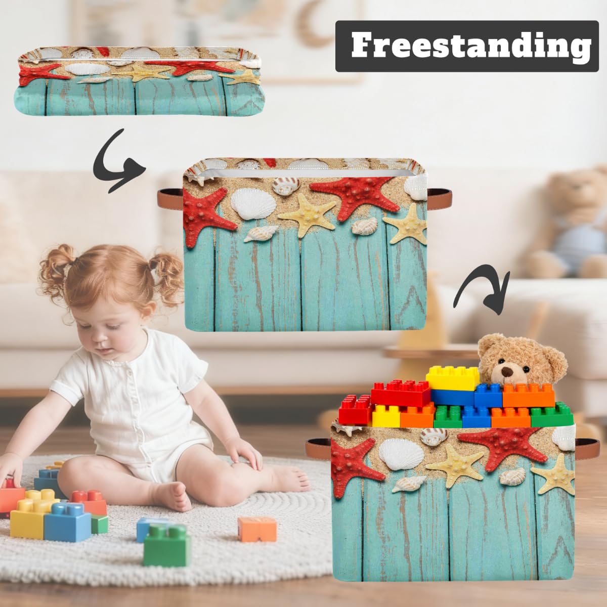 Rechteckiger Aufbewahrungskorb aus Holz mit Seestern und Muscheln im Sommer, mit Ledergriffen, faltbarer Stoff-Aufbewahrungskorb für Schrank, Badezimmer, Wohnzimmer, Büro, Spielzeug, Organizer