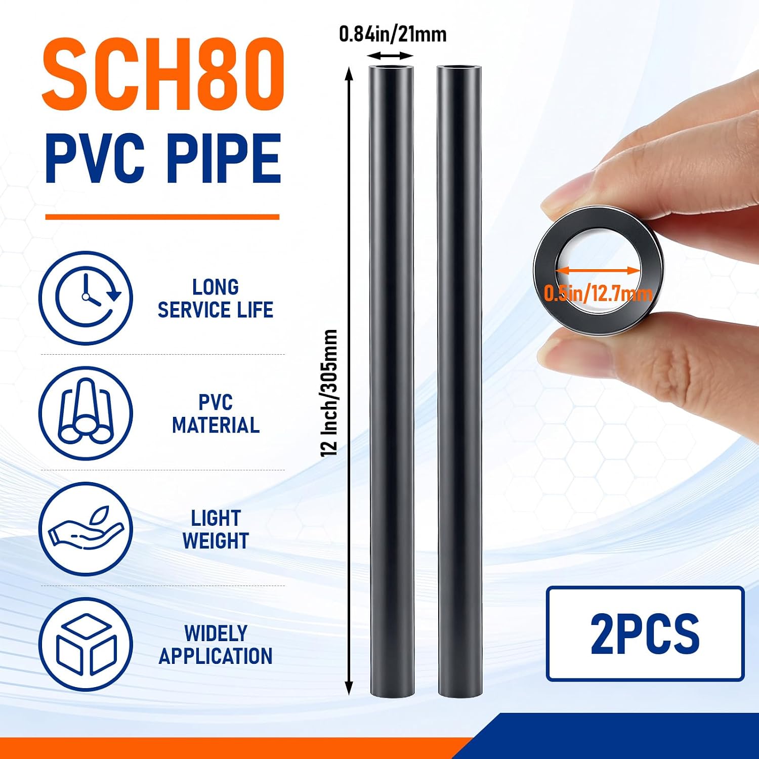 2 Pack 1/2 Inch Schedule 80 PVC High Pressure Pipe 12 Inch Gray