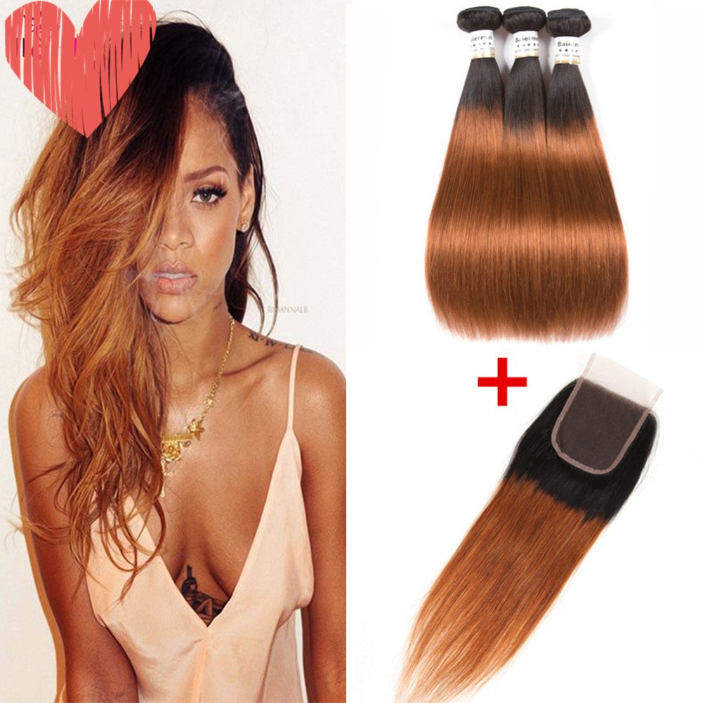 Baiermei Brazilian Ombre Straight Hair 3 Bundles With 4x4 Lace Closure T1b/Brown Human Hair Weave Bundles Remy Hair Extensions(22"22"22"+closure16")