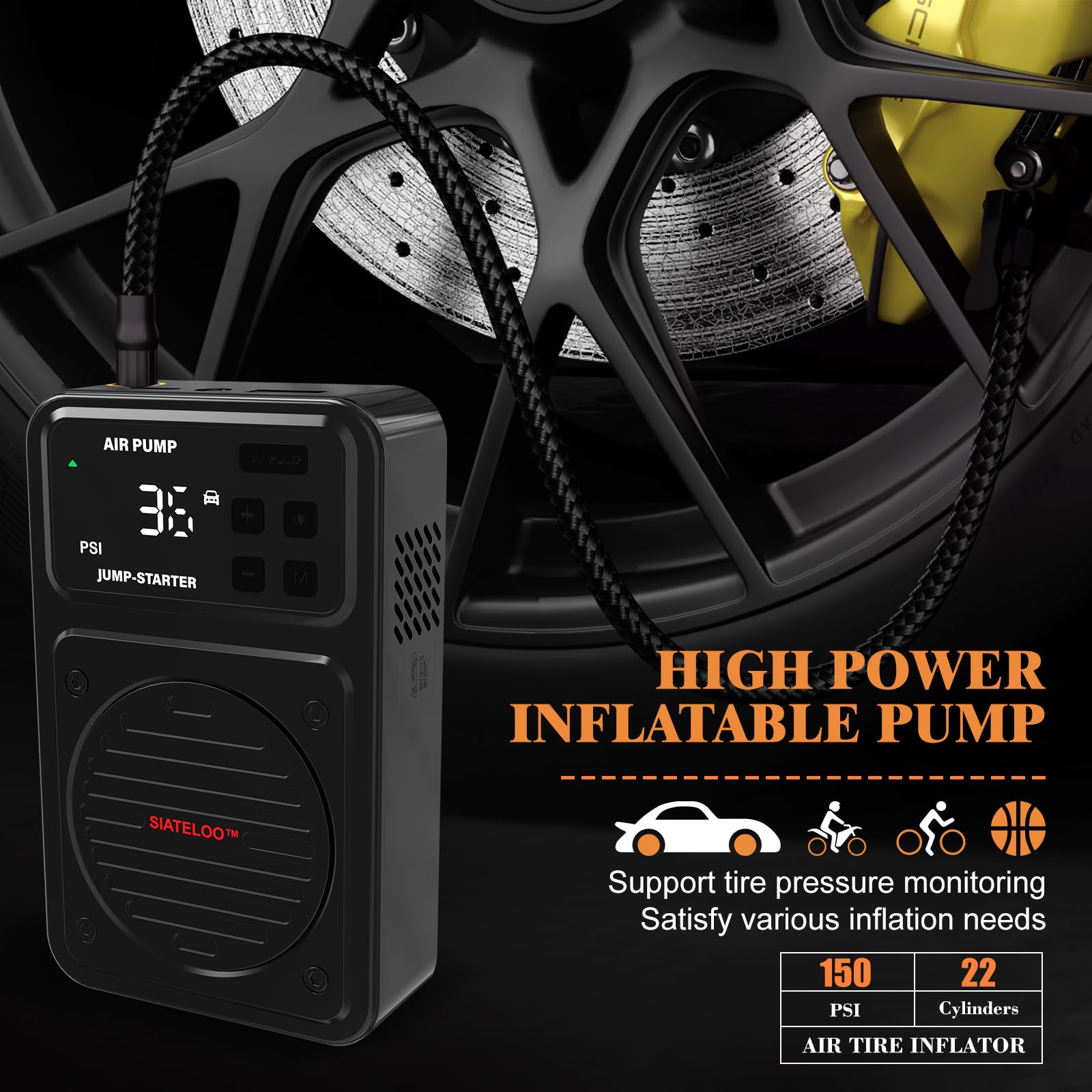 Arrancador portátil de coche de 3000 A con compresor de aire | Para hasta 7.0L de gas / 6.5L Diesel, inflador de neumáticos de 150 PSI, paquete de batería de 20000 mAh, luz LED