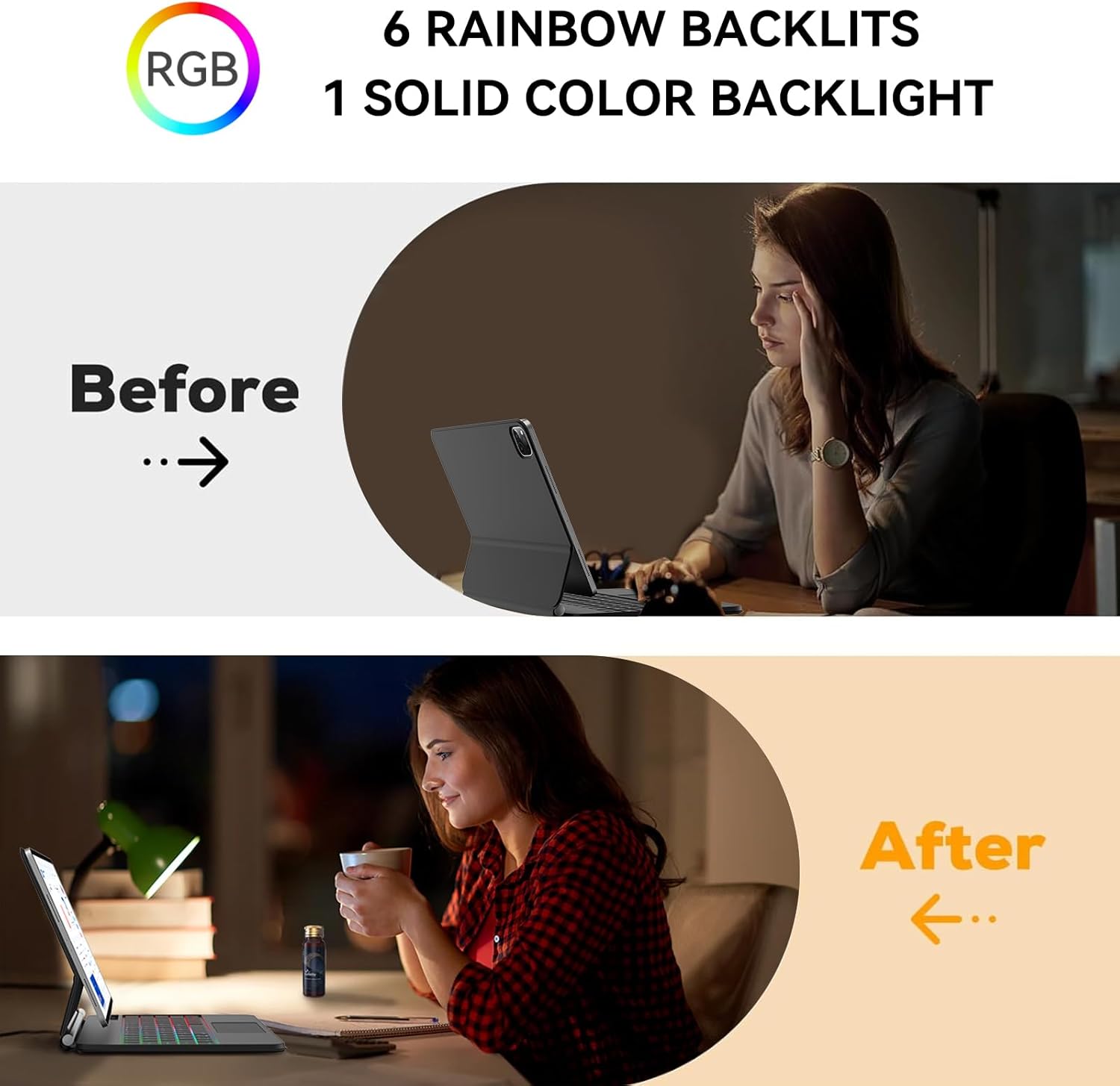 Comparison image showing a user working in a dimly lit room without keyboard backlight (before) and then with keyboard backlight on (after), highlighting improved visibility.