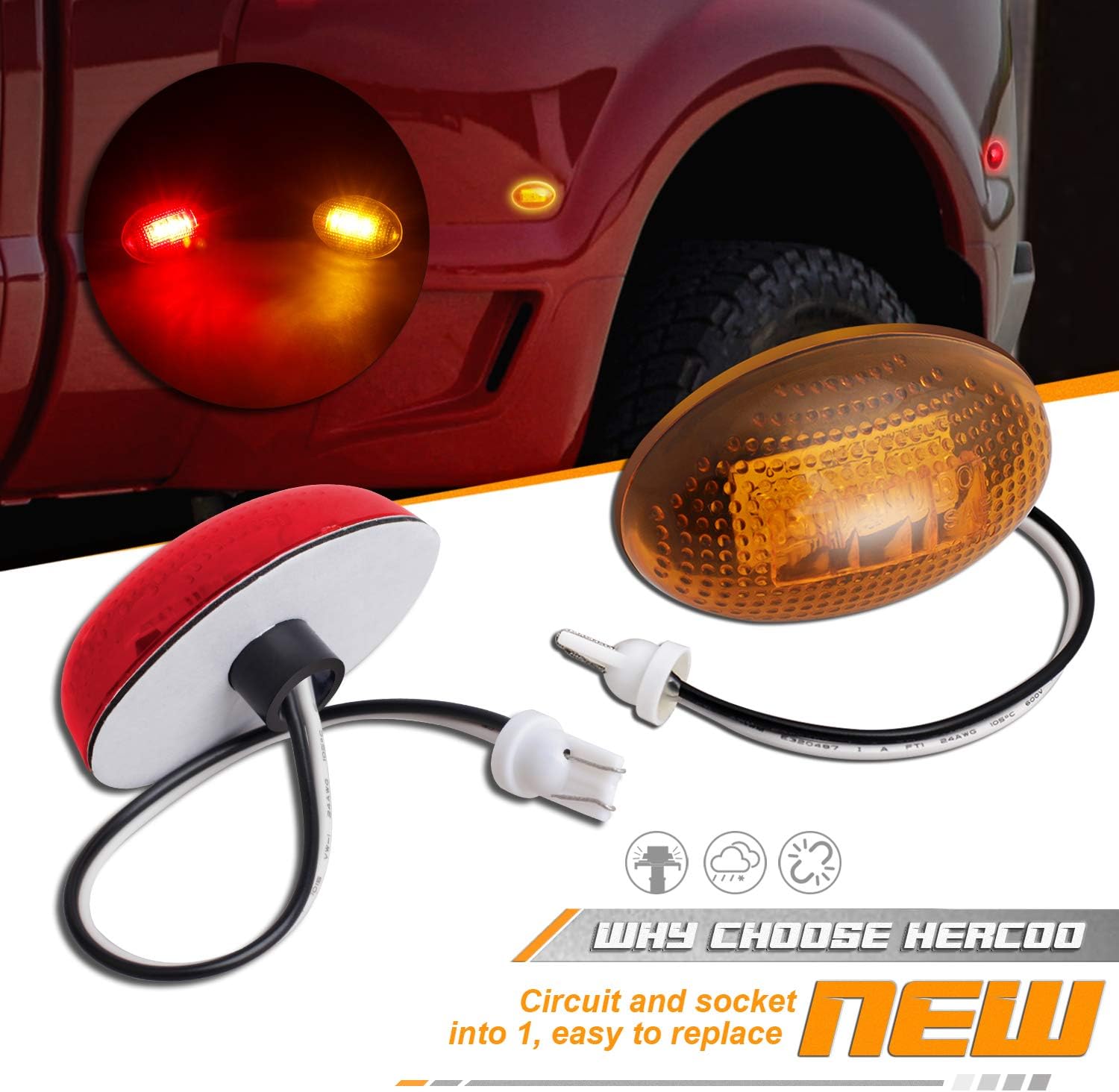 HERCOO LED Dually Bed Fender Side Marker Lights Front Rear Lamps Compatible with Ford 1999-2010 F350 F450 F550 Super Duty, Amber & Red