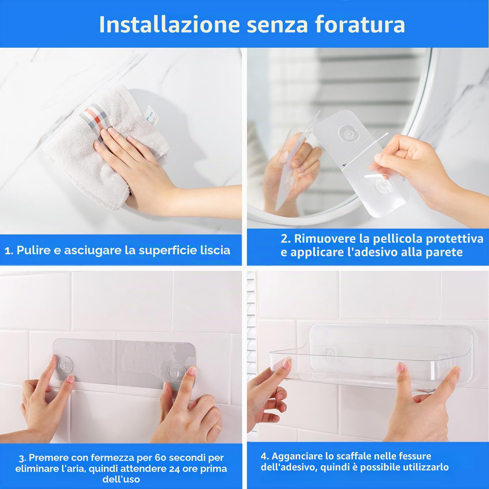 Diesisa 2 Pezzi Mensola Doccia Senza Foratura, Mensole Bagno a Parete, Porta Oggetti Doccia Adesive, Organizer Doccia Asciugatura Rapida, Porta Bagnoschiuma da Doccia per Bagno (Lungo-Trasparente)