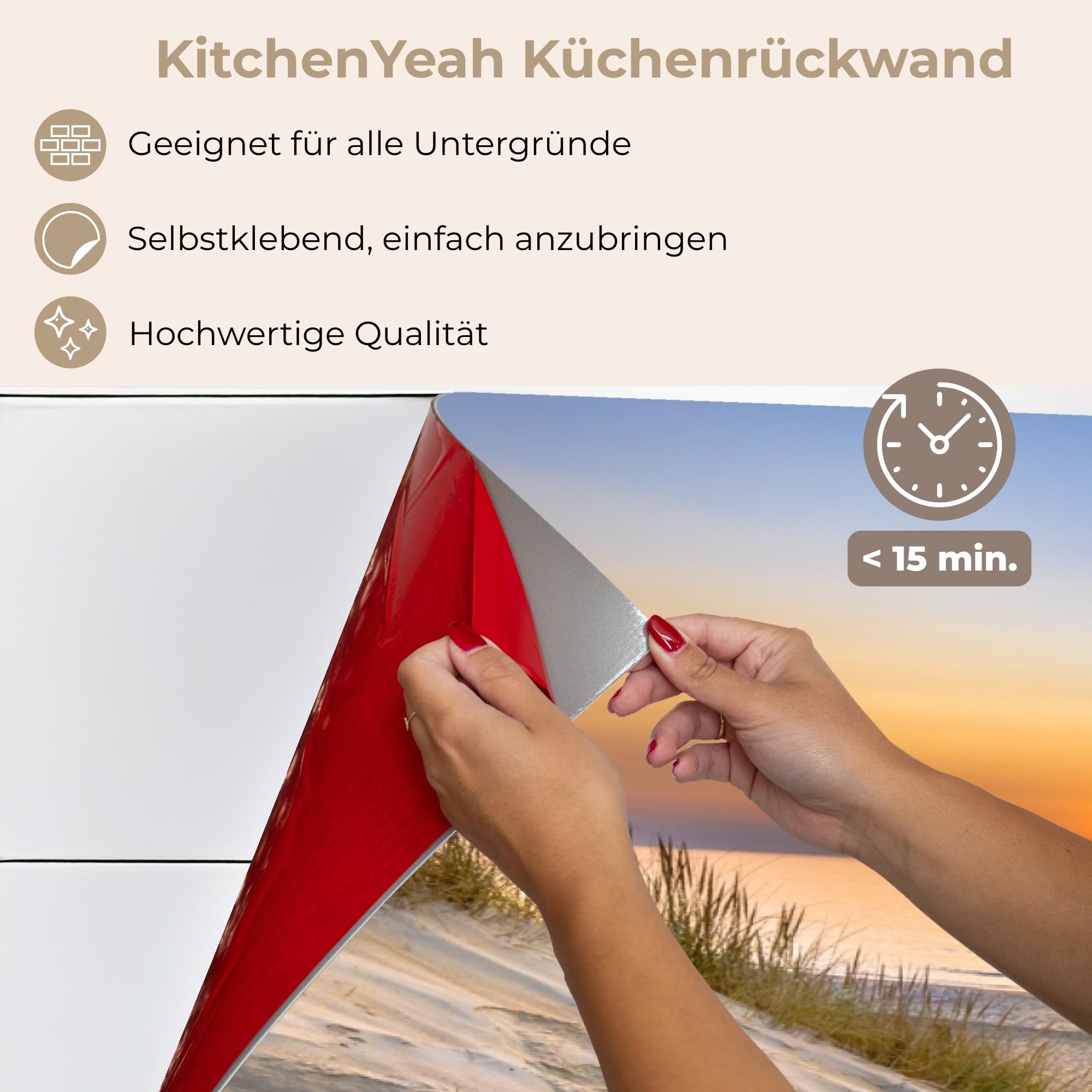 KitchenYeah© Küchenrückwand 60x200 cm Selbstklebende Kitchen Wall Protector Küchen Rückenwand Küchenfronten Küchenrückwände Küche Wand Düne - Sonnenuntergang - Horizont - Strand - Gras