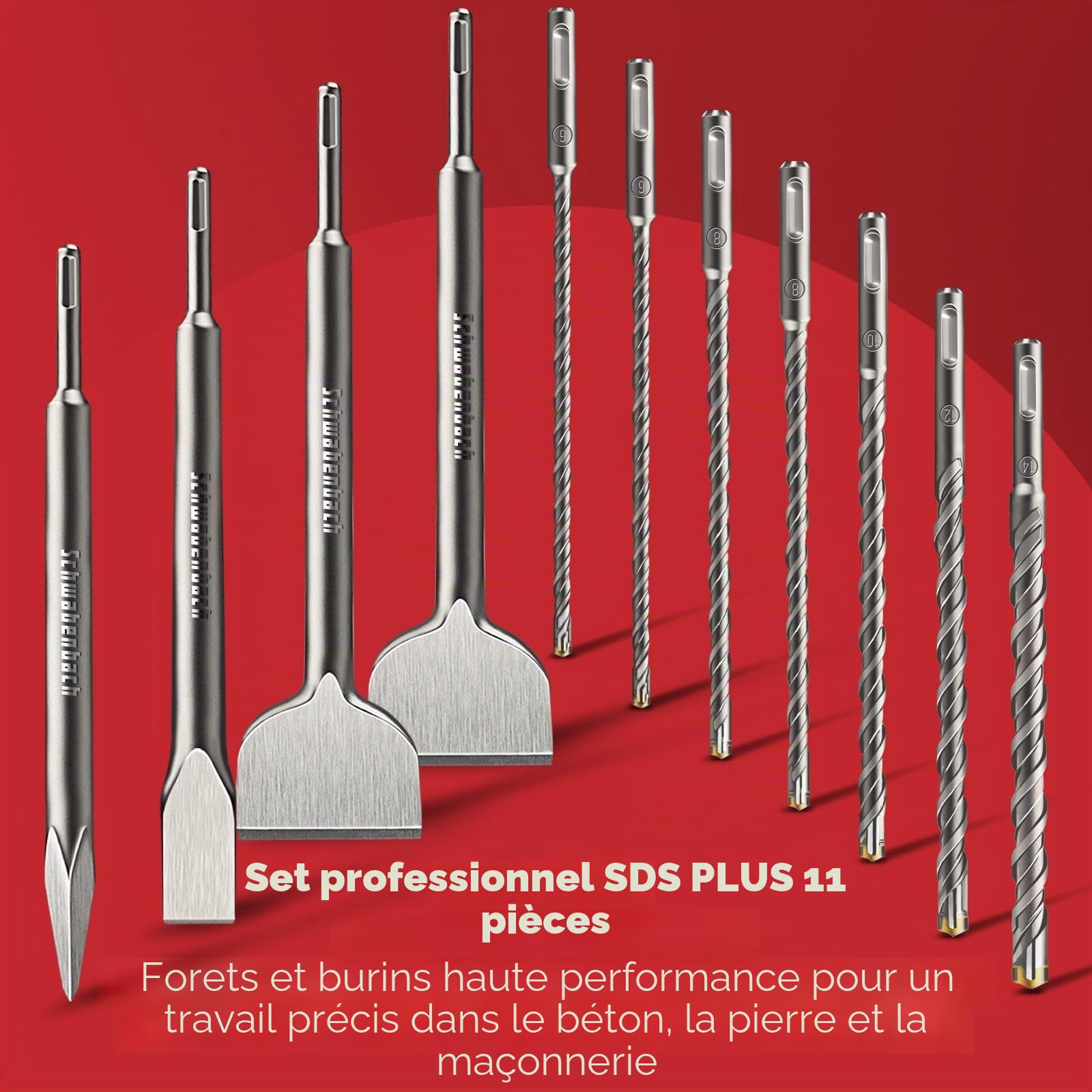 SCHWABENBACH® Coffret Foret SDS Plus Béton 11 pièces – 7 x Forets 6–14 mm + 4 x Burins SDS Plus – Compatible Bosch, Hilti, Makita