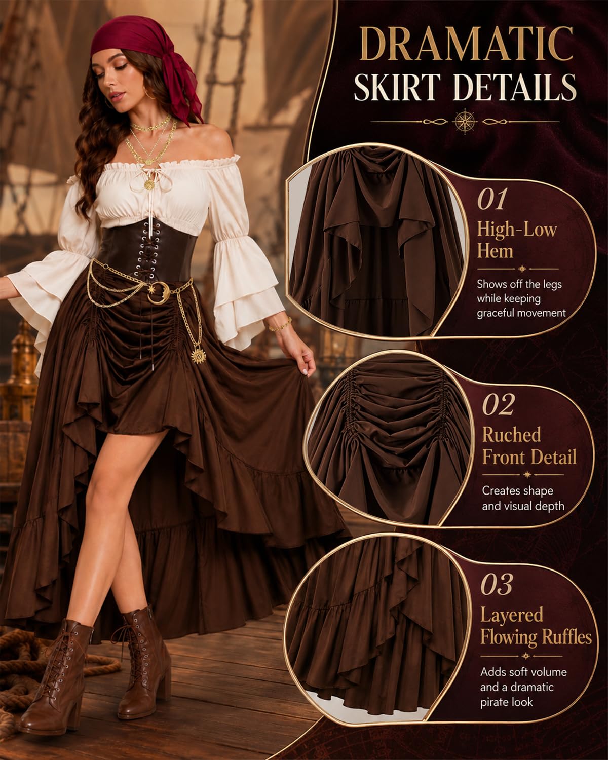 Disfraz Pirata Mujer, Disfraz Medieval con Camisa, Cinturón y Accesorios