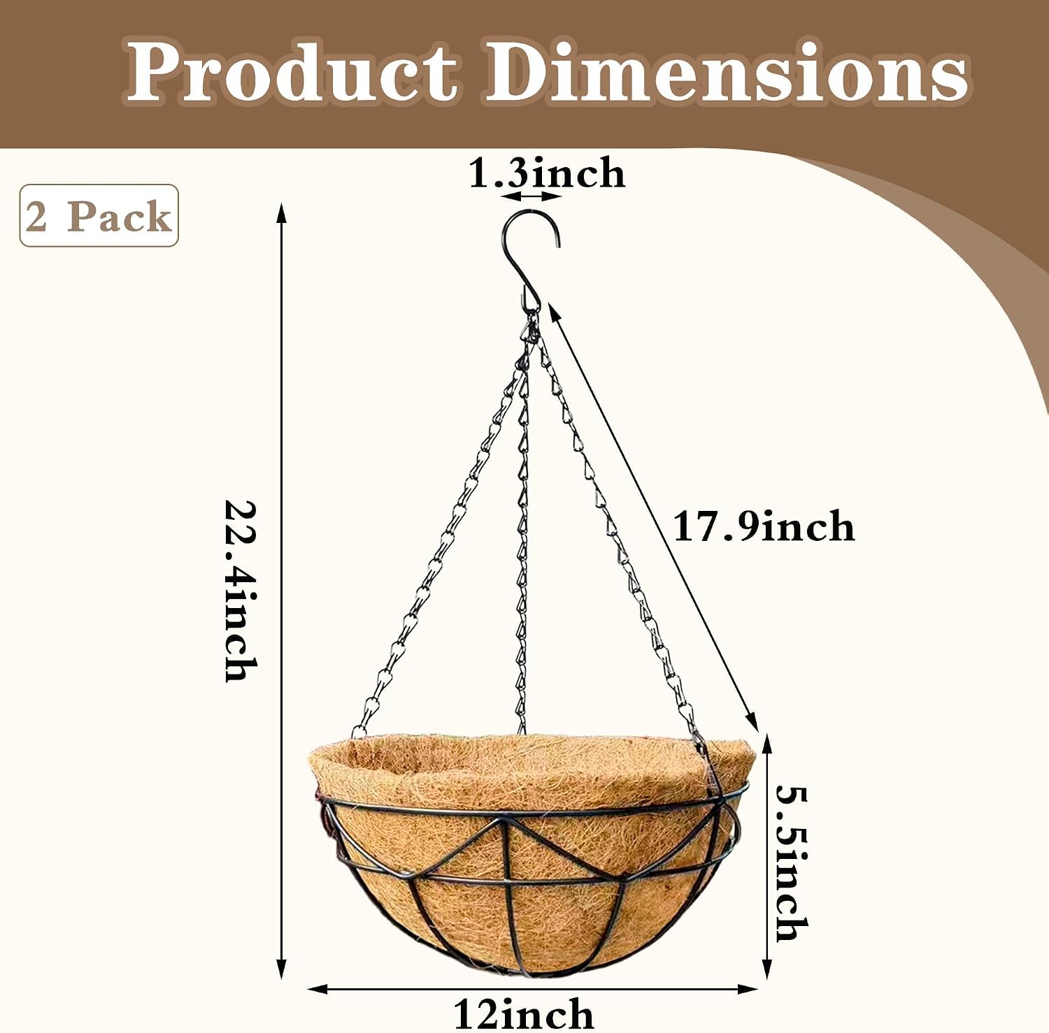 EIMQUVW 2 Pack Hanging Planters with Coconut Liner Metal Outdoor Hanging Baskets with Chains 12 Inch Durable Wire Flower Pots for Porch Garden Spring Summer Decor