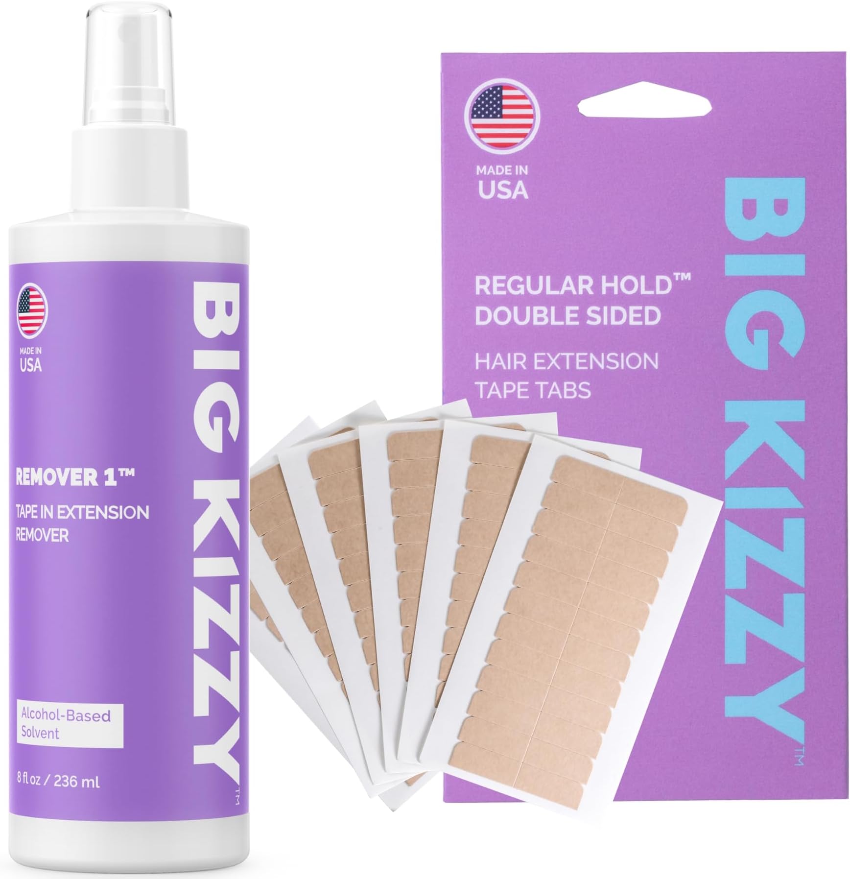 8oz Tape Ins Hair Extension Remover Spray + 72 tabs Double Sided REGULAR Hold Hair Extension Replacement Tape by Big Kizzy, Professional Quality and Easy to use instructions