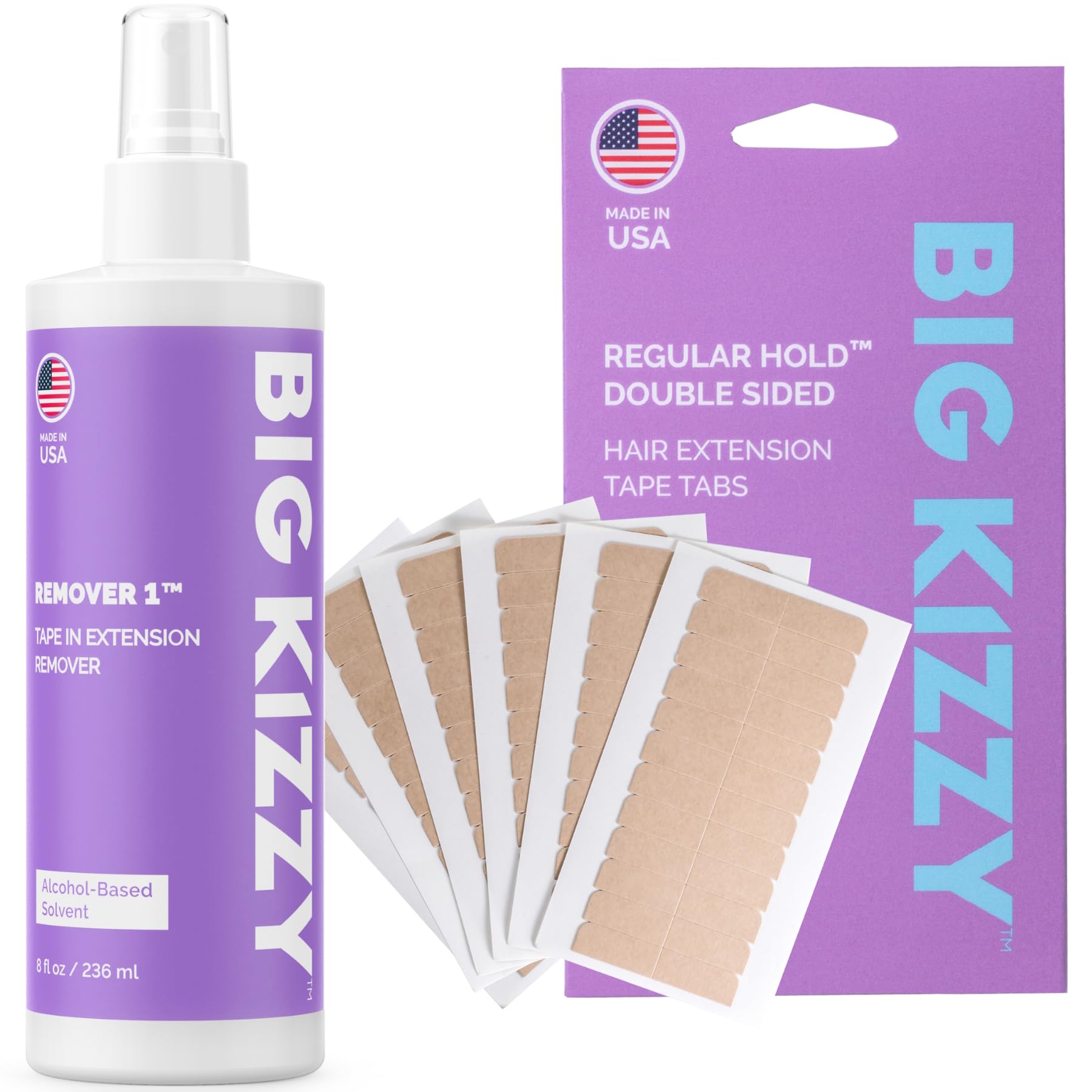 8oz Tape Ins Hair Extension Remover Spray + 72 tabs Double Sided REGULAR Hold Hair Extension Replacement Tape by Big Kizzy, Professional Quality and Easy to use instructions