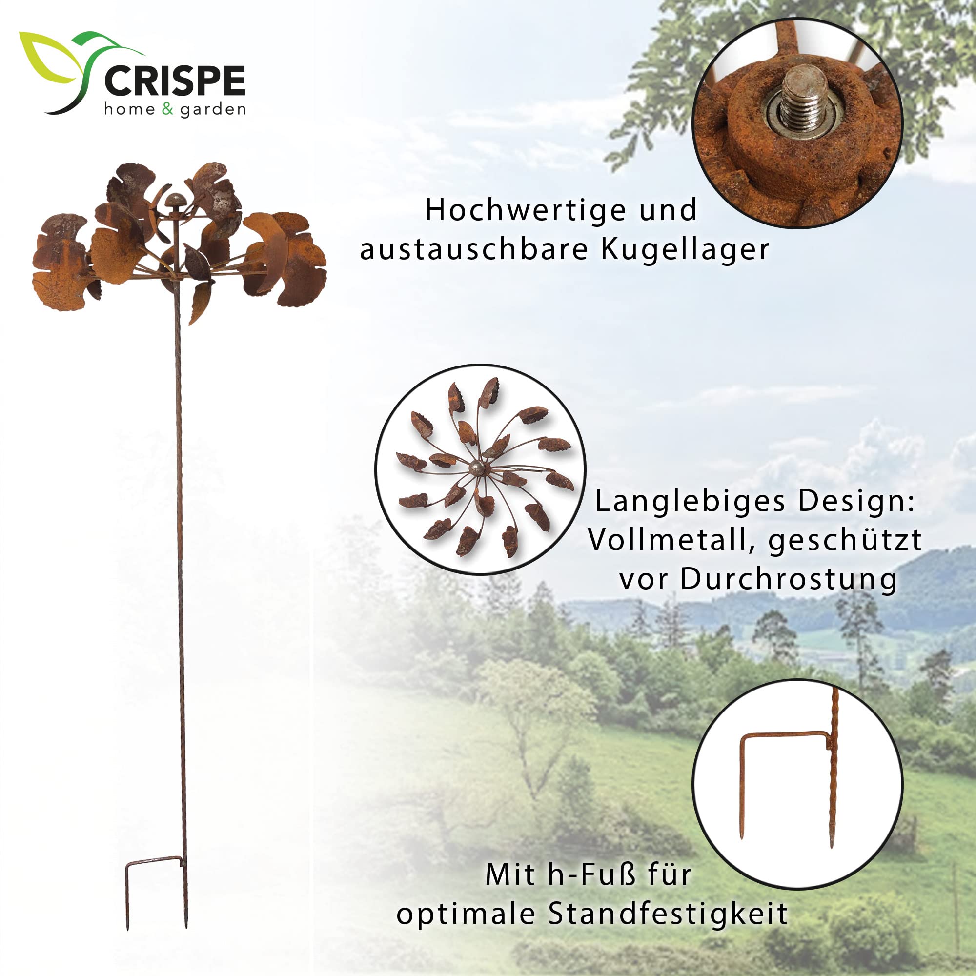 Metall Windrad 'Blume' – Windspiel Mit Edelrost-Patina, Höhe 177 Cm, Wetterfest, Mit Kugellagern