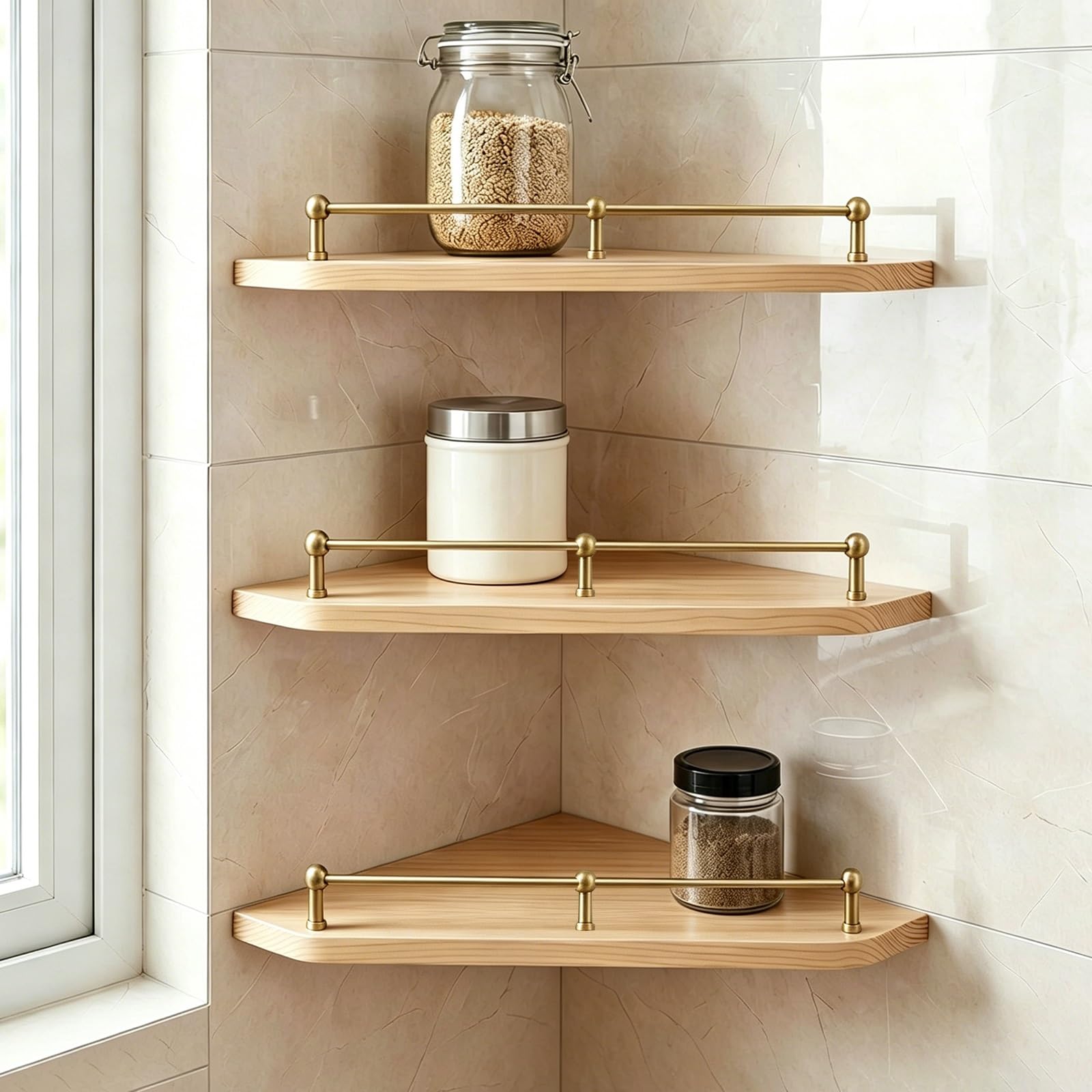 3 Pack Shelf Guard Rail Decorative Brass Gold, Anti-tip Tipping Fence Set for Hanging Shelving/Open Shelves/Floating Shelf, Cabinet Guardrail Bar Custom Length(Long 20in/51cm)