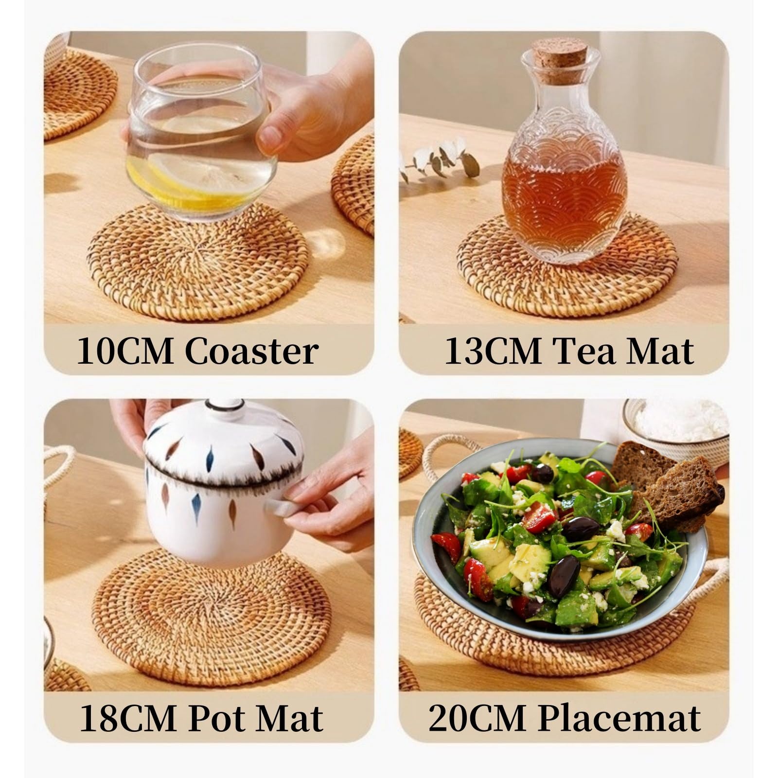 6er Set Rattan-Untersetzer, Rund Durchmesser 10-20cm Tischuntersetzer Herbst-Rattan-Flechten für Getränke, Tassen, Bar - Dekorative - Glas untersetzer Set (16cm Satz)