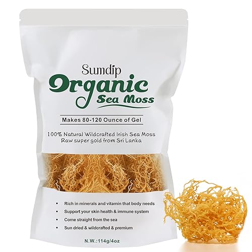 Sea Moss Raw Orgánico de 4 onzas de musgo marino silvestre hecho a mano hace 30 onzas de gel de musgo marino, Seco dorado seco crudo