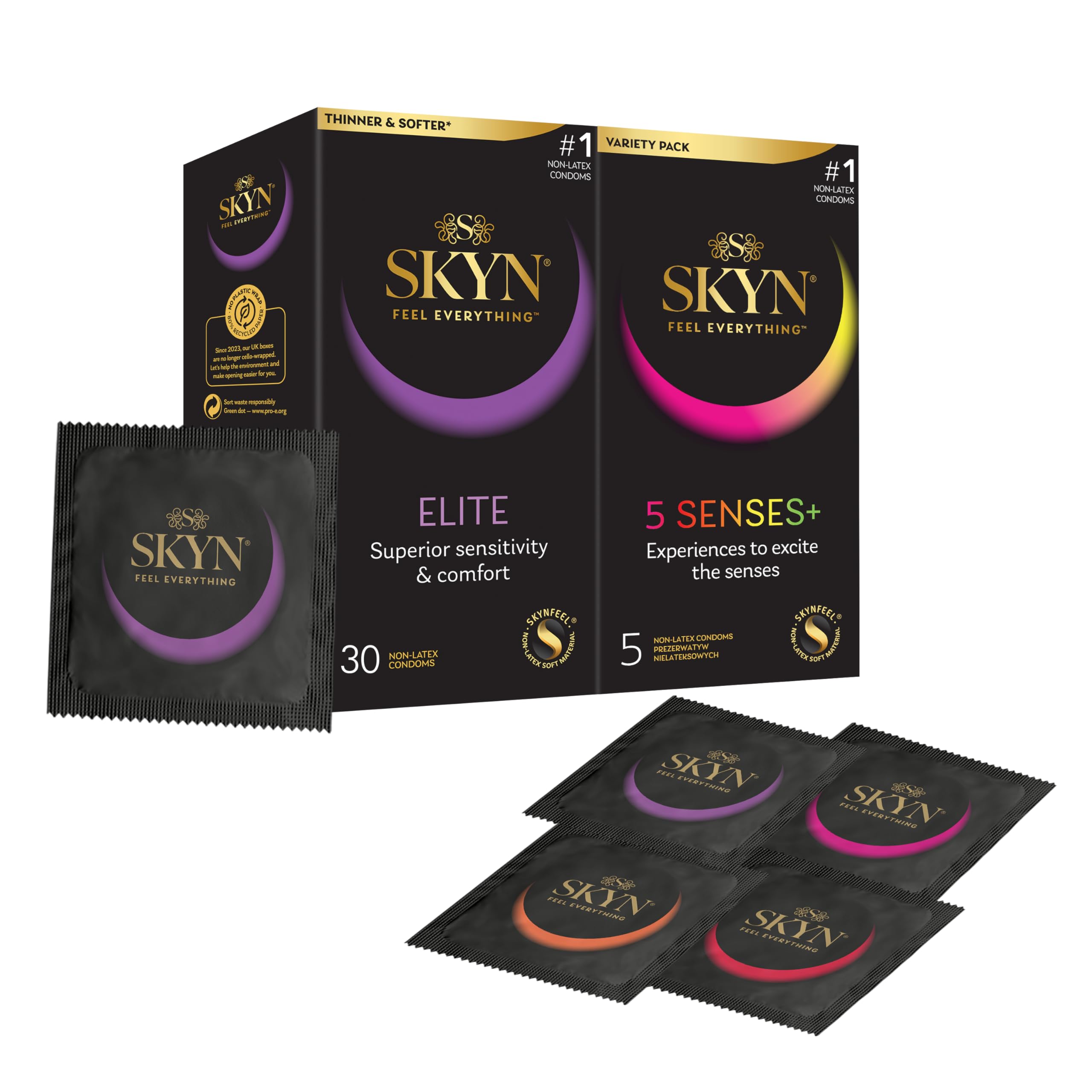SKYN Elite Condoms Pack of 30 & 5 Senses Pack of 5 / Skynfeel Latex Free for Men, Ultra-Thin & Soft, Raised Dots, Cocktail Flavoured, Warming, Cooling