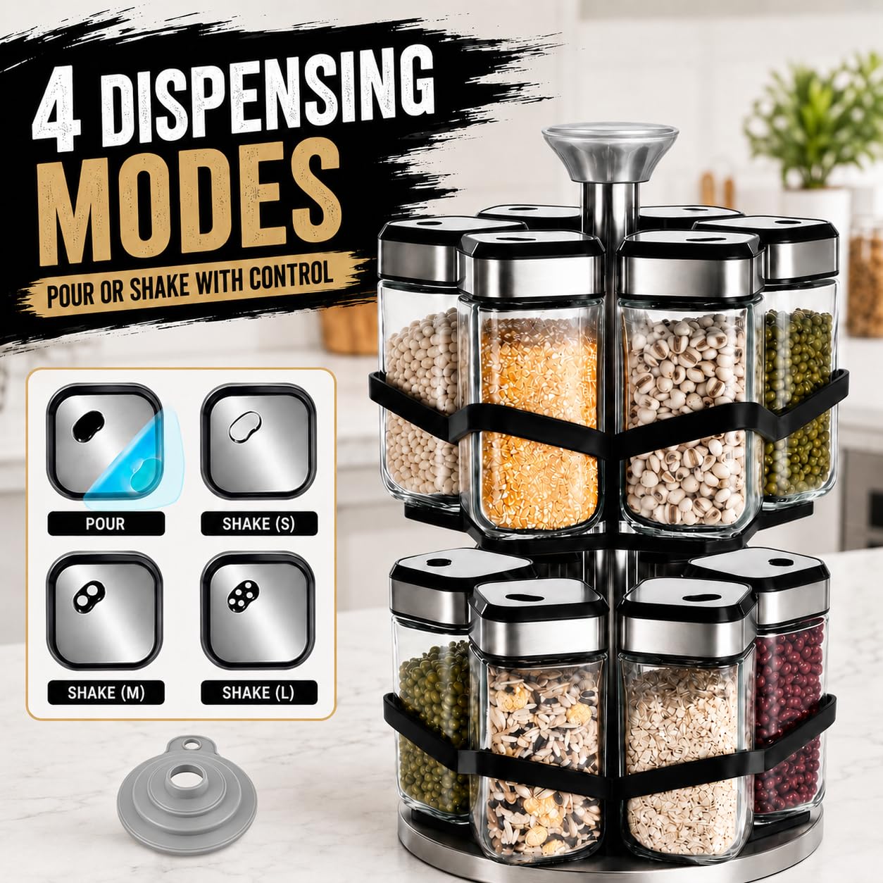 Scaffale per Spezie Rotante 360° a Doppio Piano, Acciaio Inox, 12 Barattoli 120ml, 3 Uscite di Dosaggio, Montaggio Non Necessario, Dispenser Spezie Girevole per Cucina