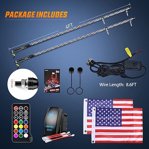 Vista 37 de Nilight - 1 luz de látigo LED RGB en espiral de 4 pies con control remoto por RF, luz de persecución/baile RGB, látigos de antena iluminados