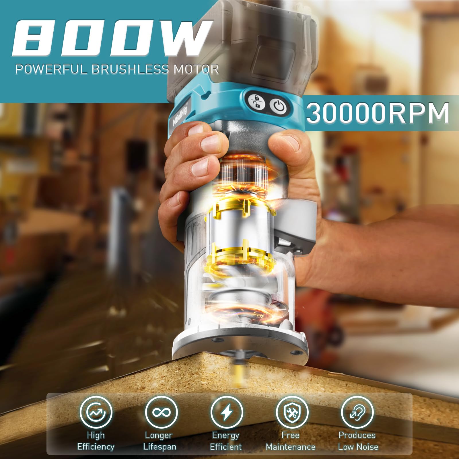 Enrutador compacto inalámbrico para batería Makita de 18 V (herramienta desnuda), herramienta de enrutador de 6 velocidades variables para carpintería, enrutador de madera de base fija de 800 W 30.000