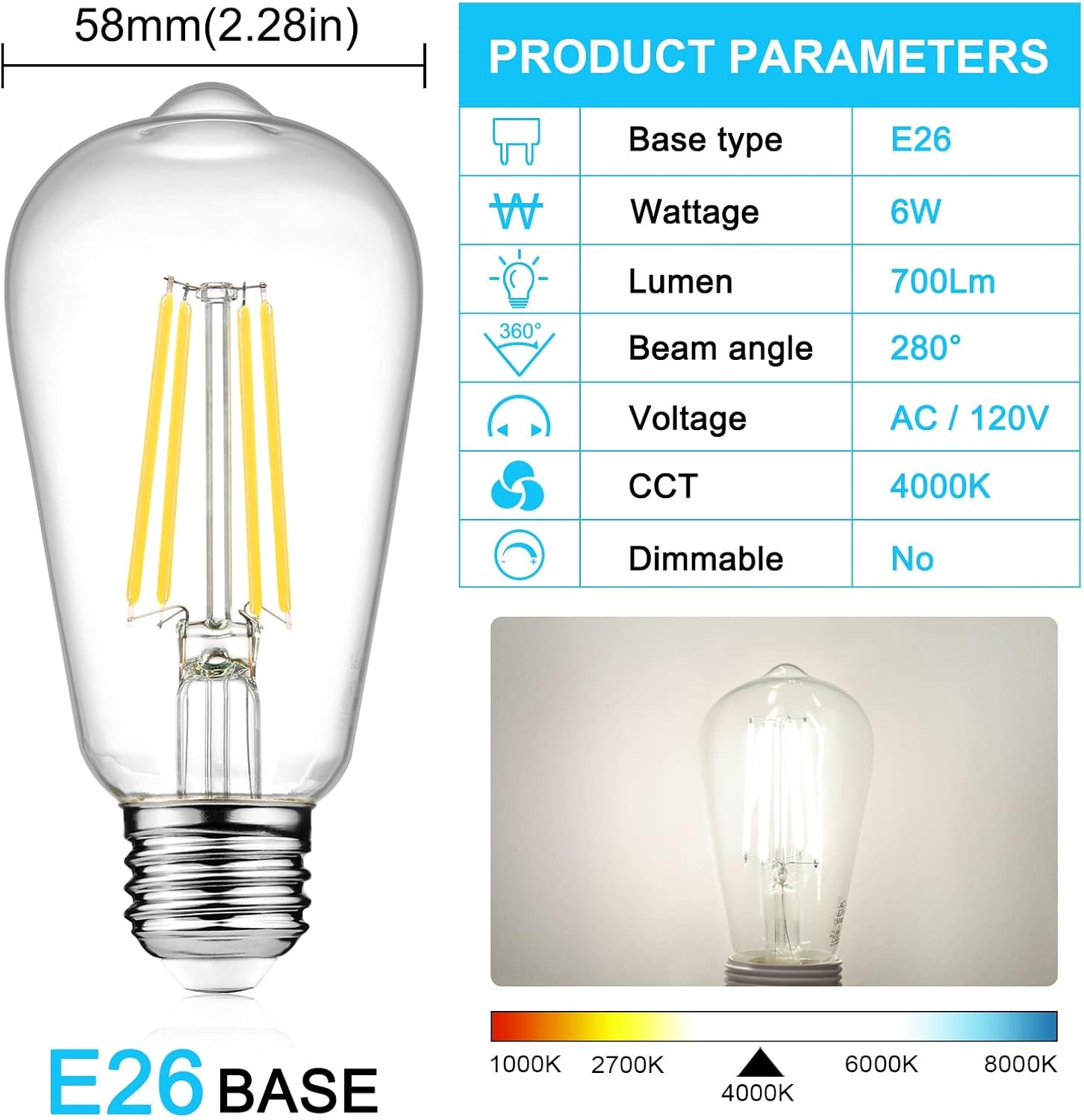 Ascher 12-Pack Vintage LED Edison Light Bulb 60W Equivalent, Decorative Antique Filament Light Bulbs with 80+ CRI, Daylight White 4000K, 700 Lumens, E26 Base, Non-Dimmable