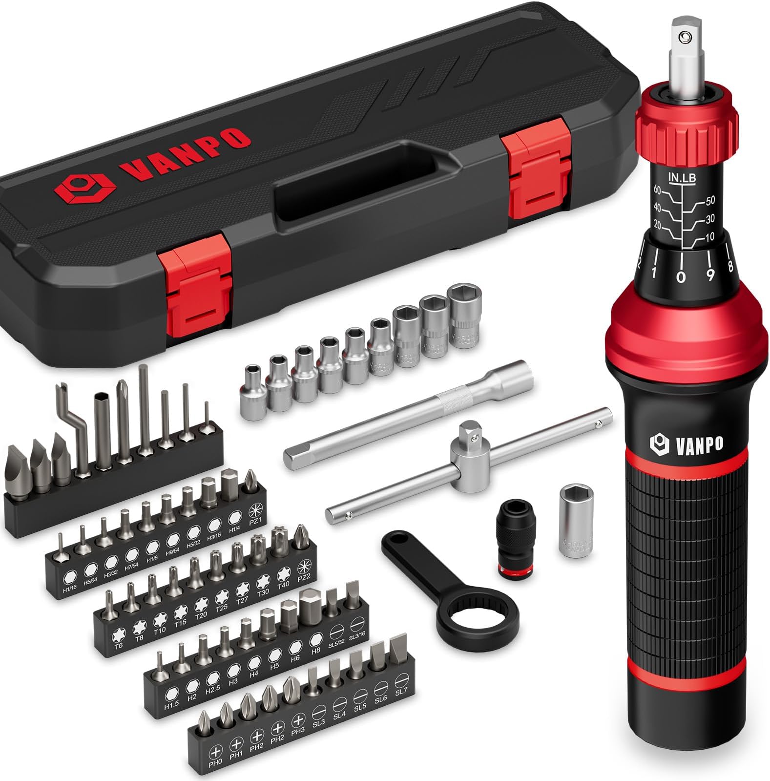 Torque Screwdriver, 10-60 in.lb, 64 Pcs Inch Pound Torque Wrench Screwdriver Set for Maintenance with T-bar Handle, Flat, Hex, Torx, and Phillips Bits, For Tools, Bike Repairing and Mounting