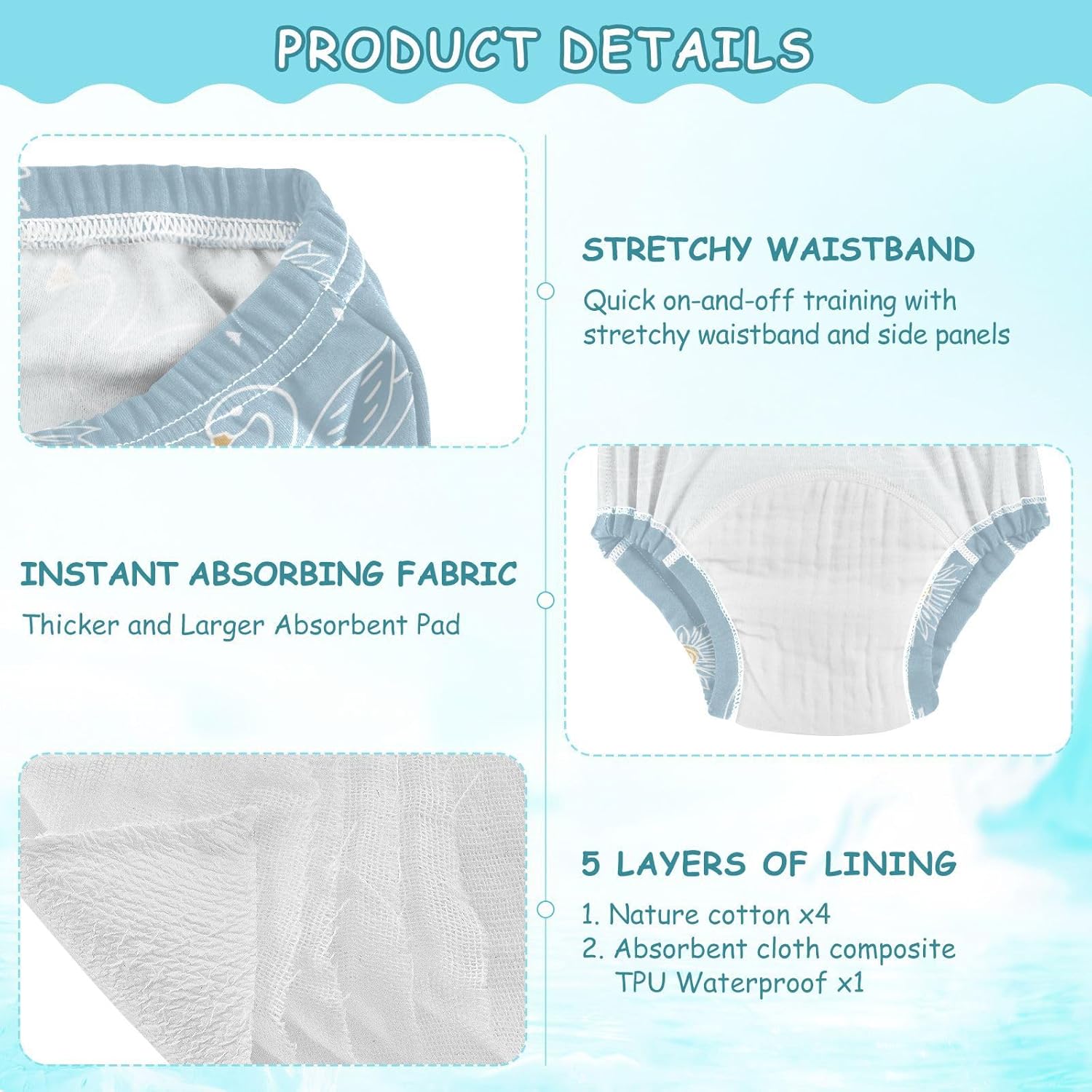 Little Boys Underwear Potty Training Pants Absorb Water Cartoon Swan Sunflower Pastel Blue Training Underpants