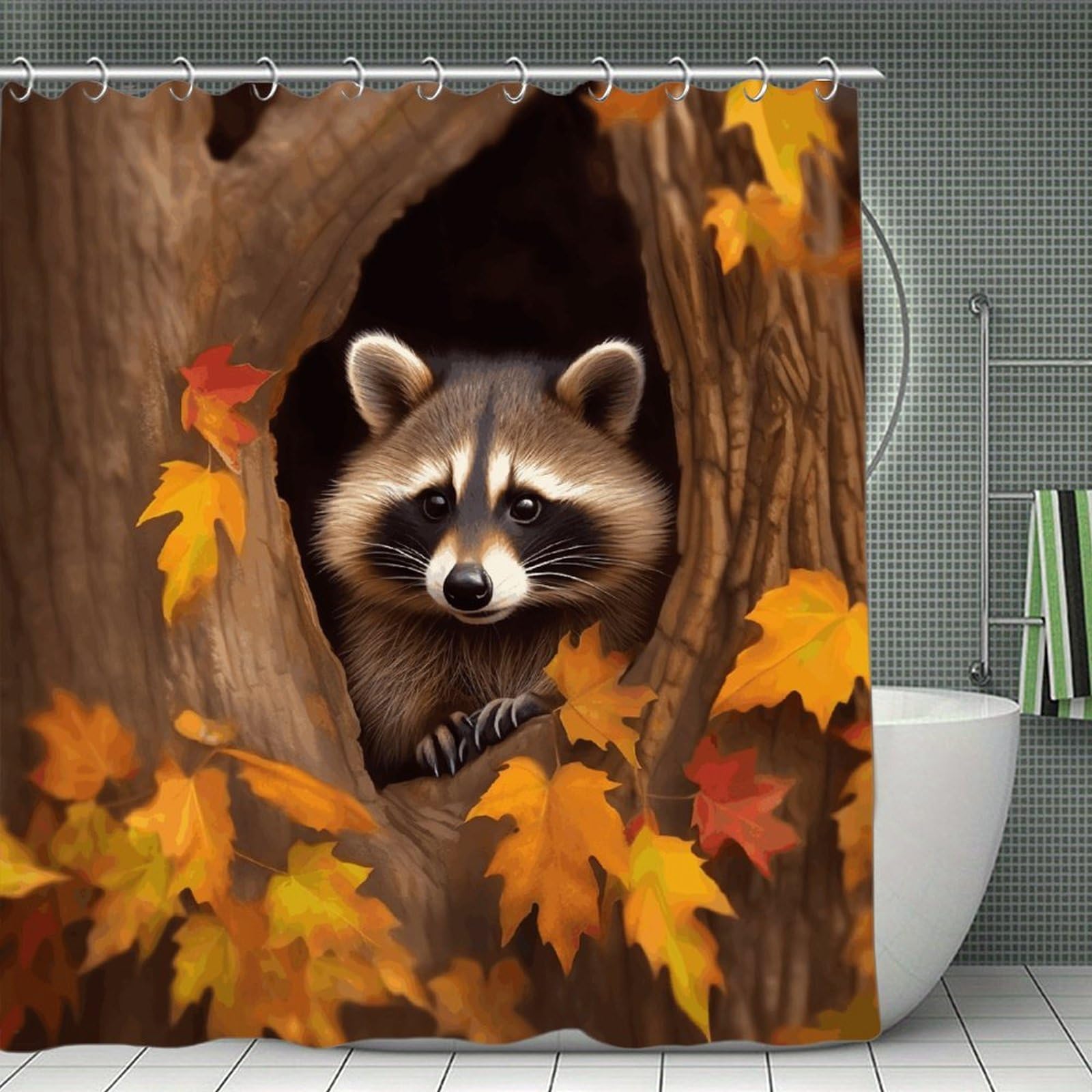 VstaDank Raccoon in The Fall Tree Hole Shower Curtain Waterproof Bathroom Curtain with Hooks Luxury Weighted Bath Curtains for Bathtubs Showers Room Dividers Decorative Shower Curtains 71x71 in
