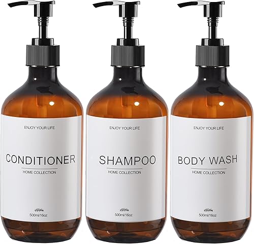 Dispensador de champú y acondicionador (16.9 onzas, juego de 3), dispensador de jabón de ducha, dispensador de champú con 3 etiquetas, botellas de