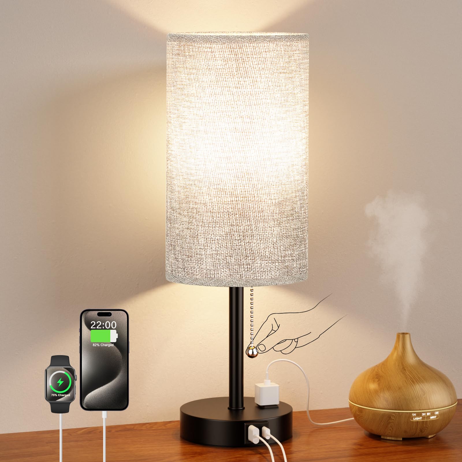 Nachttischlampe für Schlafzimmer, Nachttisch, hohe Tischlampe mit USB-A + C-Ladeanschluss und AC-Steckdose, 3 Farbtemperaturen, Zugkette, Beistelltisch, Leselampe für Wohnzimmer, 44 cm, Grau