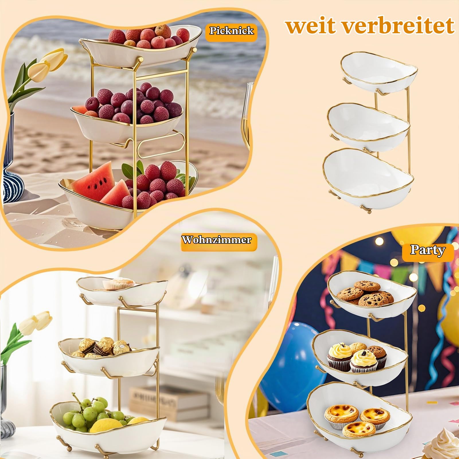 Obstschale 3 Etagen Keramik Obstkorb für Küche | Porzellan Küche Schalen für Obst und Gemüse Aufbewahrung Snack Nüsse Dessert Kuchen Tablett Tellerregal für Party Hochzeit