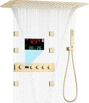 AYIVG 16 * 24 Inch Multi Shower Head Thermostatic Shower System with Body Spray Brushed Gold Waterfall Rainfall Shower System With Digital Display Shower Valve And Hand Shower And Body Nozzle