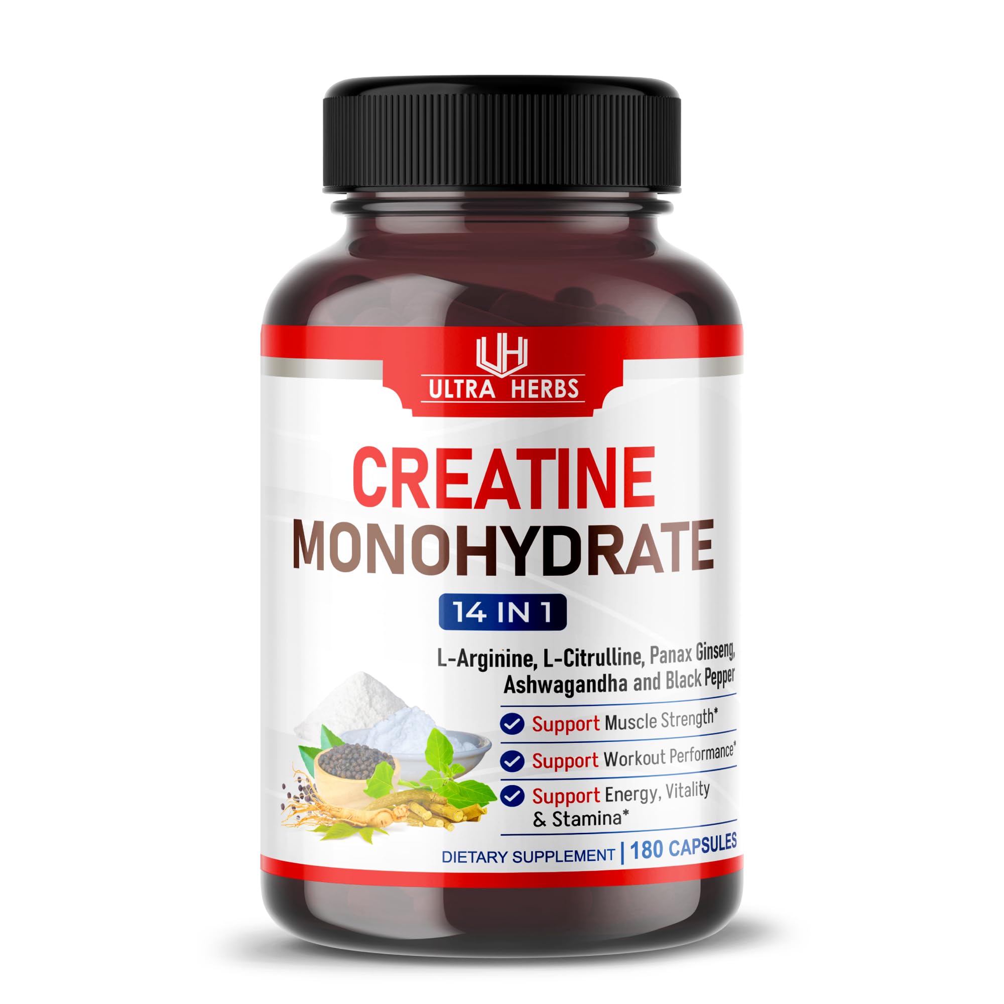 Ultra Creatine Pills | Creatine Monohydrate Capsules Enhanced with L-Arginine, L Citrulline, Ginseng | Support Stamina, Energy & Muscle Growth | 180 Capsules