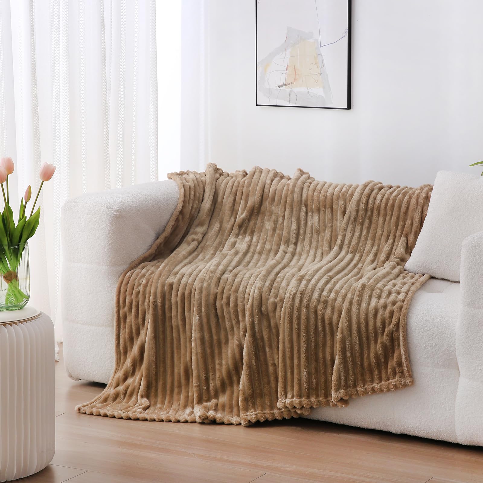 Linecooo Tan Fleece Throw Blanket 50”×60” for Couch Sofa Bed,Super Soft Cozy Plush Microfiber Flannel Blanket with Stripes Design Lightweight for Adults,Woman,Girls - Image 4