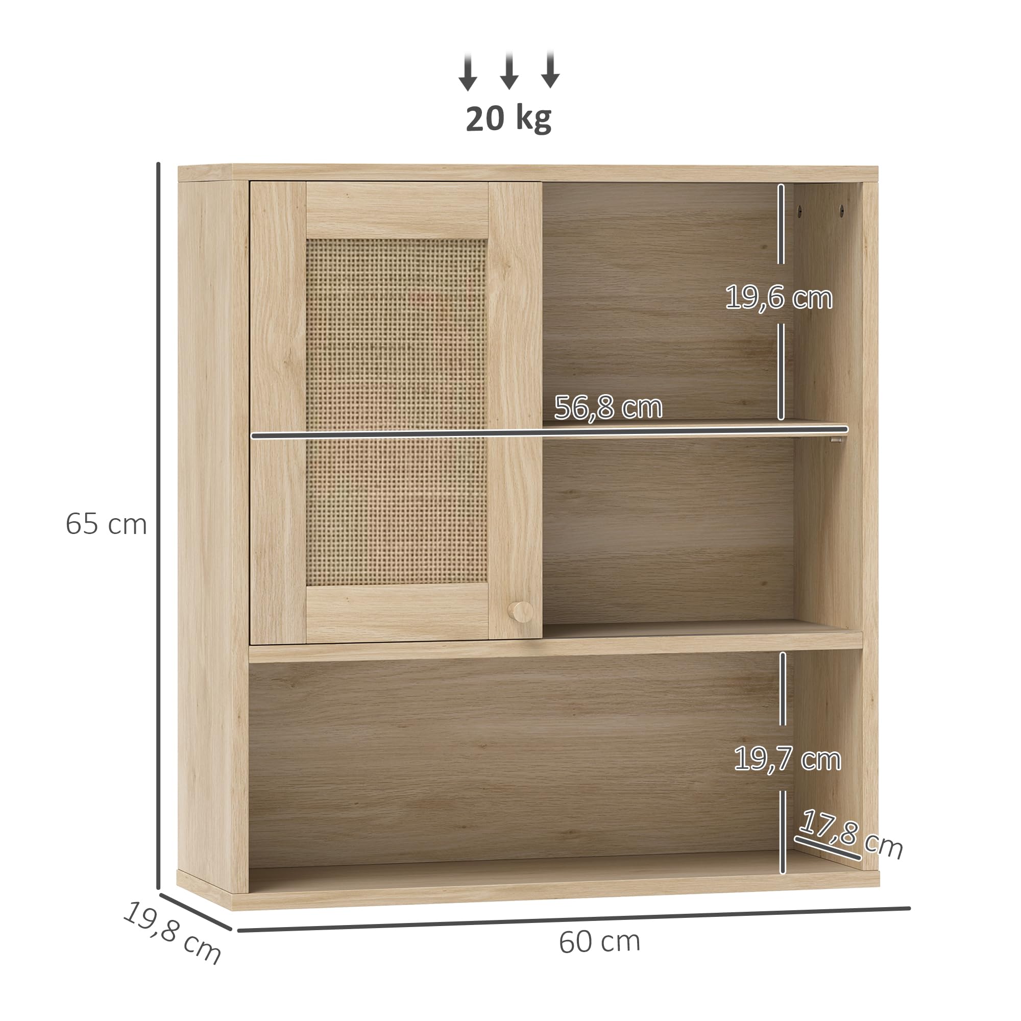 HOMCOM Armoire Murale, Meuble Haut Salle De Bain Avec Porte Coulissante En Rotin Et Etageres Ouvertes Bois Naturel~1t3f57kk1io01