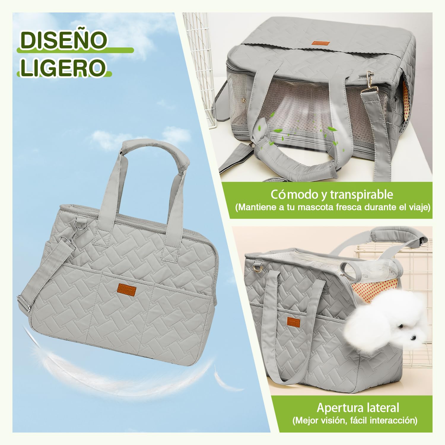 ALLSOPETS Transportín para Gatos y Perros Pequeños, Bolso de Mano Plegable con Correa de Seguridad Ajustable, Accesorios de Viaje para Mascotas para Viaje (Gris Estrellado, L)