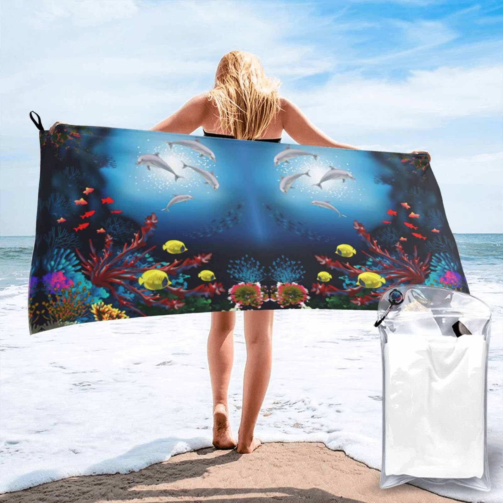 ENGhjes Underwater Dolphins Coral Fish Print Camping Towel Fast Drying Bath Beach Shower Wrap For Gym Camping Vacation Adults Portable Gift