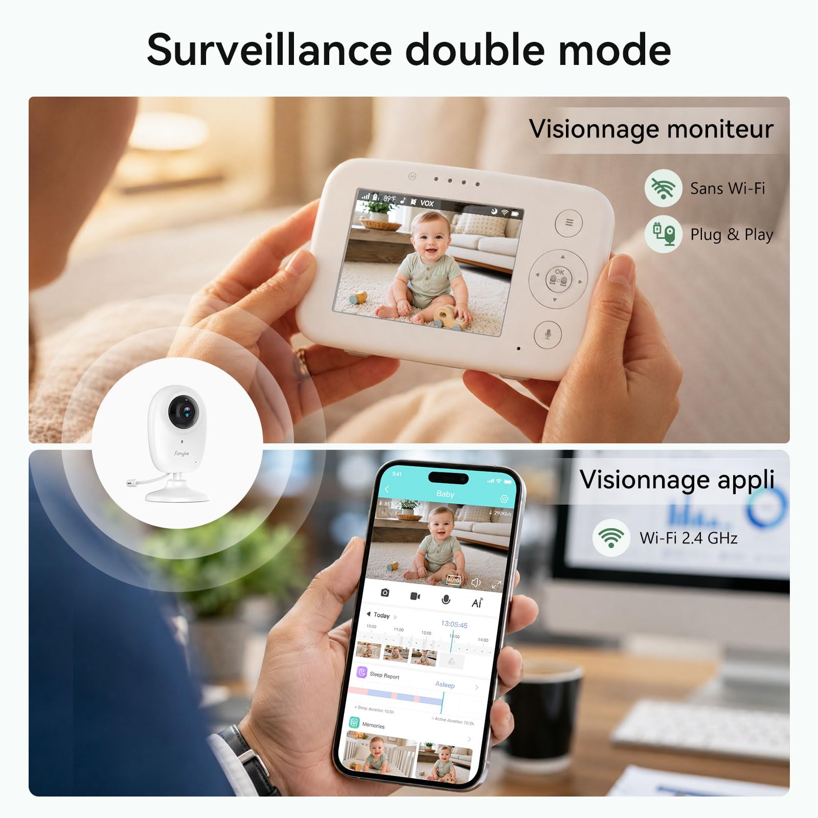 Simyke Babyphone Caméra Bébé Écran 3,5" & Caméra 1080P HD, Connexion WiFi Smartphone & Liaison Hors WiFi, Vision Nocturne, Zoom, VOX 20h Autonomie, Détection Intelligente, Stockage Local & Cloud