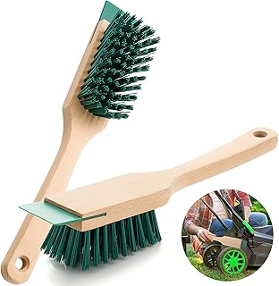 2 Pcs Heavy Duty Scrubbing Brush Stiff Bristle Brush with Wood Handle and Scraper for Lawn Mower ...