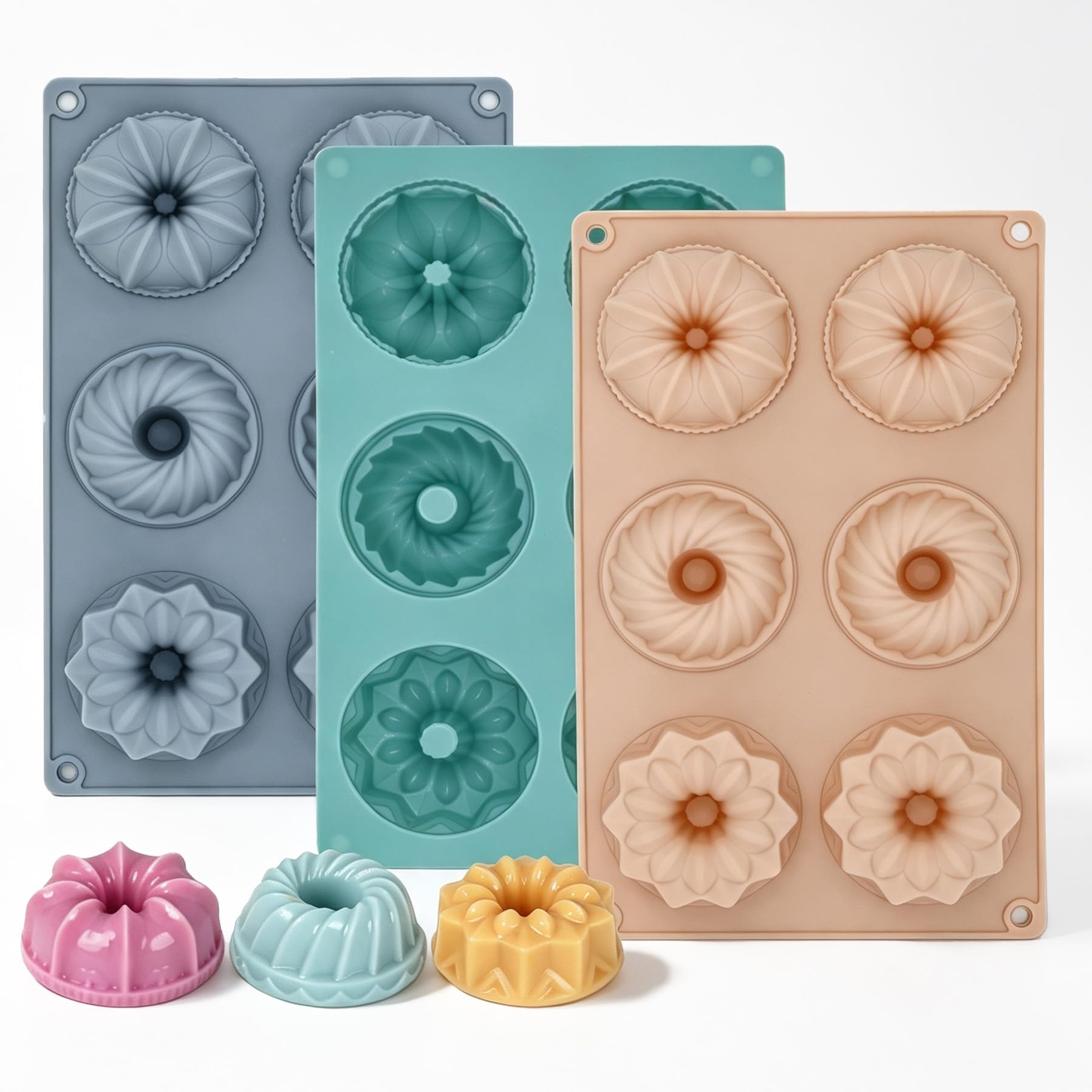 Jello Molds, 3pcs Silicone Fluted Tube Cake Pans, 6-Cavity Non Stick Silicone Baking Molds for Cupcake, Donuts, Muffin, Cornbread, Brownie, Jellies (Caltle-Pink+Blue+Gray)