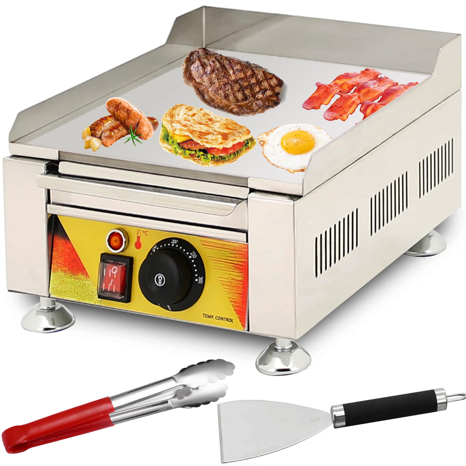 Electric Griddle Commercial Flat Top Grill Indoor Countertop Flattop Griddles for Restaurant Home Kitchen, 12inch, 1500W, Adjustable Temperature 122?-572?, 220V