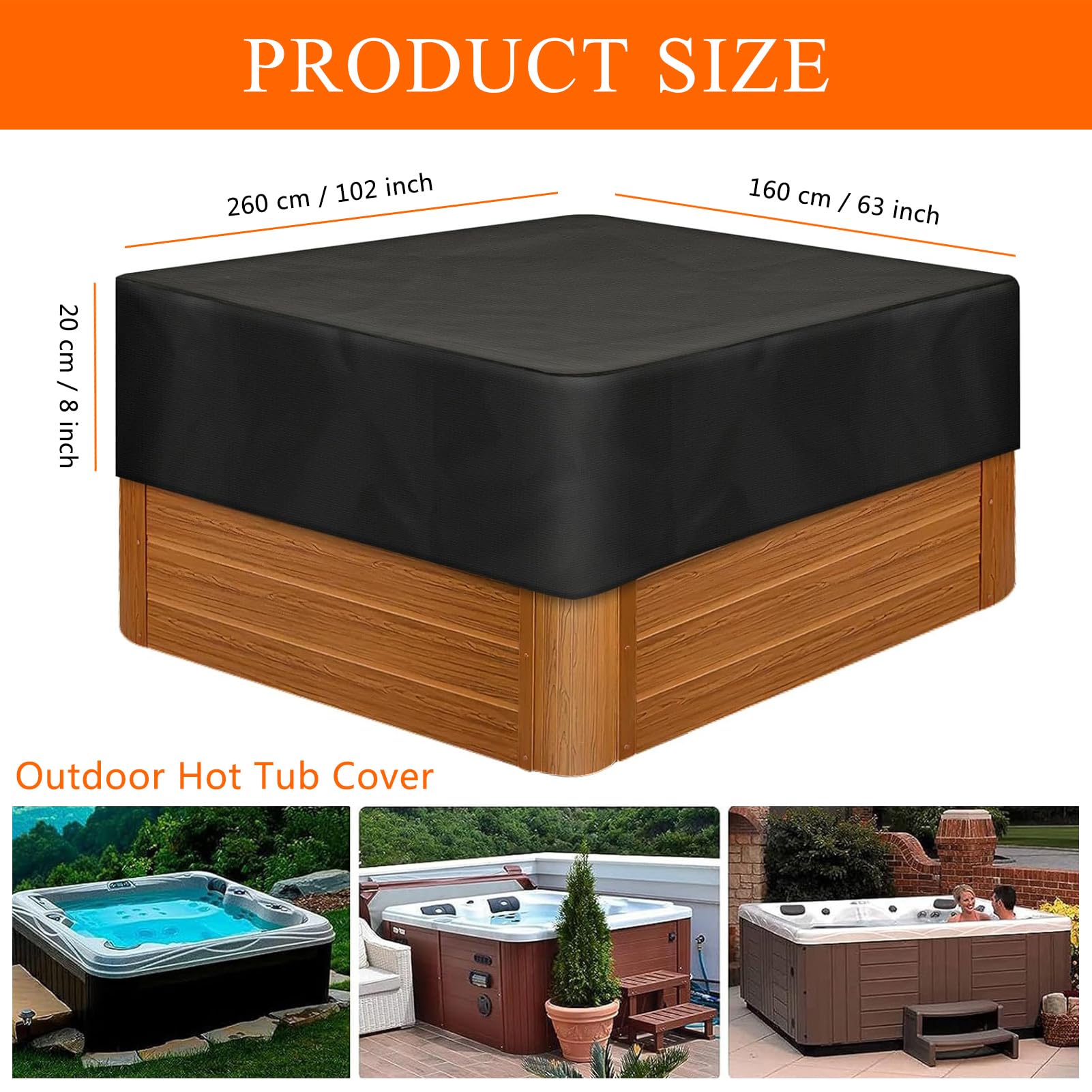 Housse de Protection pour Bain à Remous de Jardin | Imperméable Couverture de Piscine Carrée pour Patio Extérieur | Extérieur Carré De Couverture De Spa (Noir,260x160x20 cm)
