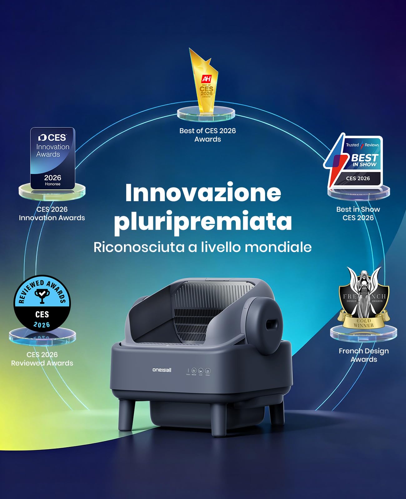 oneisall Lettiera Gatto Autopulentecon sistema EaseClean™, Lettiera Autopulente per Gatti XXL per gatti grandi, griglia in acciaio inox, modalità automatica e manuale, incl. Tappetino e 40 Sacchetti