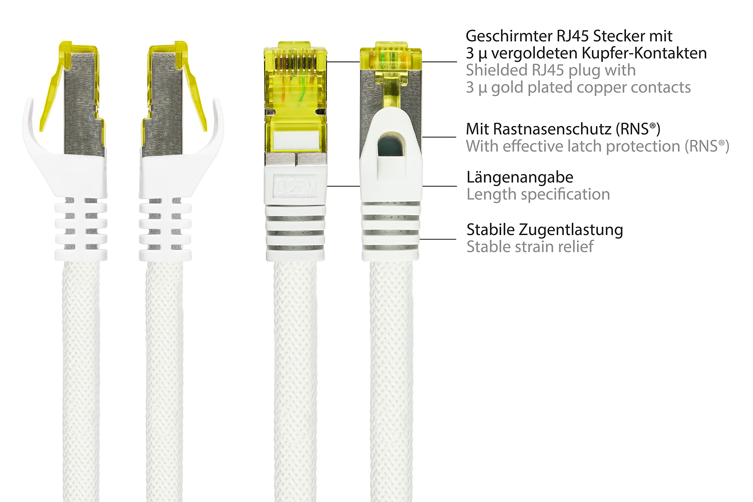 Python Series Ethernet LAN Cable de interconexión con Manguito Protector RNS y Nailon Trenzado Blanco Weiß 25 m