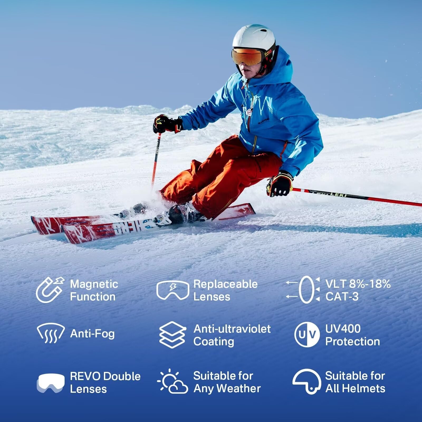 Maschera da Sci per Uomo, Donna, e Giovani, Occhiali da Sci Antiriflesso con Doppia lente per Snowboard, Protezione UV al 100%, Compatibili con Casco OTG, Sci, Pattinaggio, Snowboard, Moto, Ciclismo