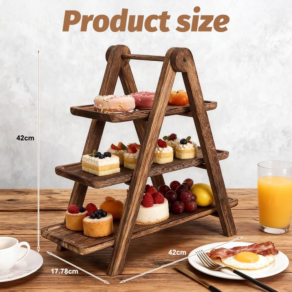 Vassoio da Portata a 3 Ripiani in Legno, Supporto per Cupcake, Torte, Dessert, Frutta, Salumi, Buffet e Snack, 42 x 34 x 17,8 cm