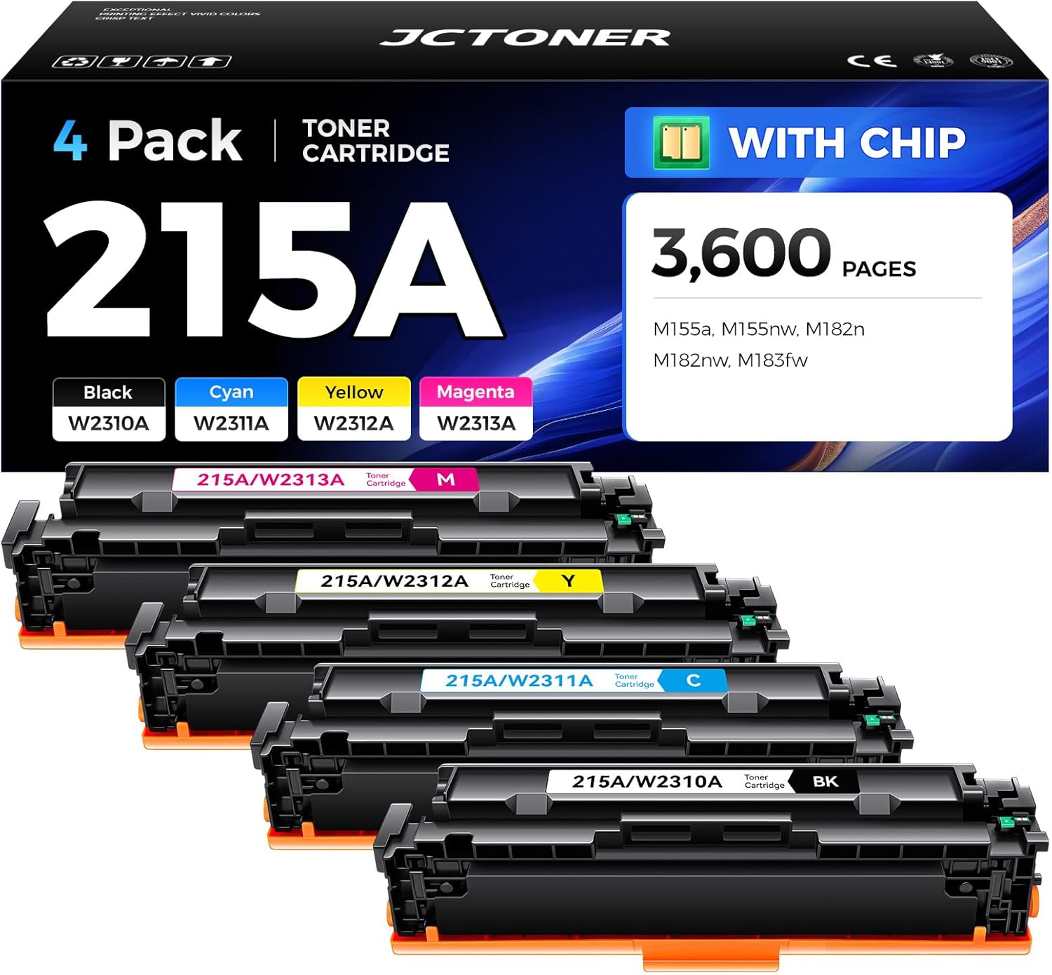 215A Toner Cartridge 4-Pack High Yield Replacement for HP 215A W2310A W2311A W2312A W2313A Compatible with HP Color LaserJet Pro MFP M182n M182nw M183fw M155a M155nw Printer Black Magenta Cyan Yellow