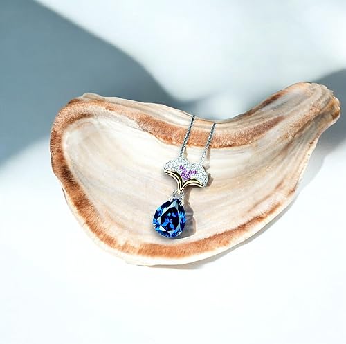 Miniatura 4 de Blue Sapphire Necklace - Diamond Ginkgo biloba Leaf Pendant - Large 3.5 CT Teardrop Blue Sapphire Pendant - 18KGP Sterling Silver 16" ~20"