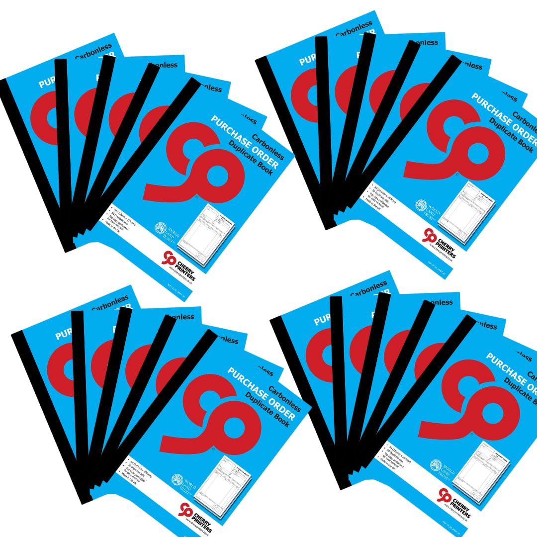 Cherry Printers | Carbonless Purchase Order Duplicate Book A4 | 2 Part NCR Order Book | 50 Duplicate Sets | Perforated Top Copy | Business Purchase Order Forms for Office & Self Employed **20 Pack**